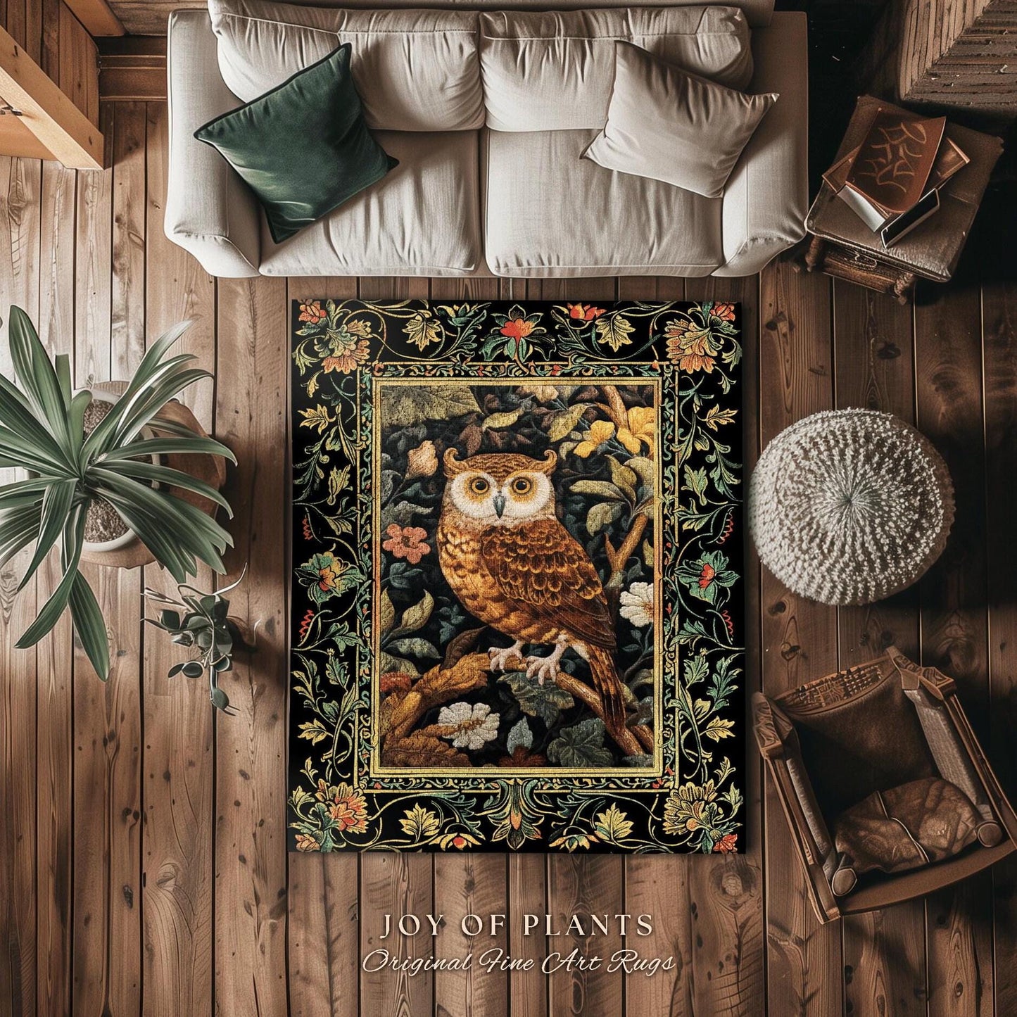 Whimsical Floral Round Owl Rug Ethereal Woodland Book Nook Decor Morris Inspired, Soft Cottagecore Academia Style Forestcore Whimsy Owl Rug
