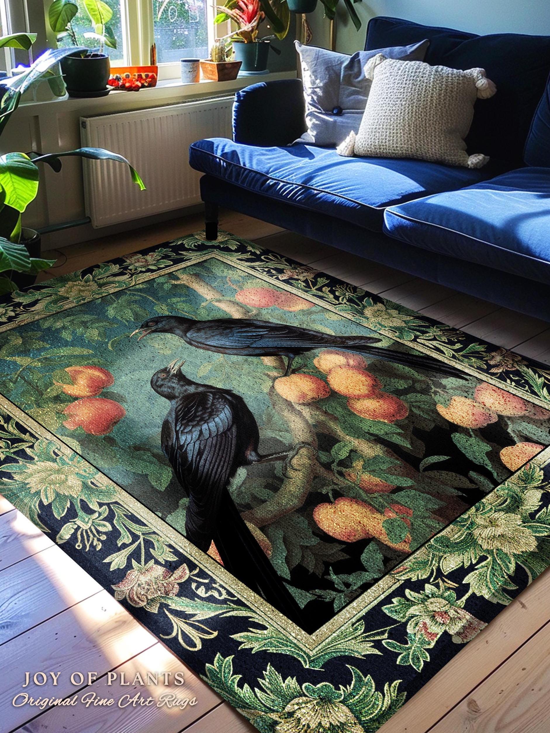 Dark Botanical Black Raven Rug Gothic Forestcore Home Decor | Dark Academia Crowcore Decor Whimsigoth Aesthetic Bird Art Decorative Area Rug