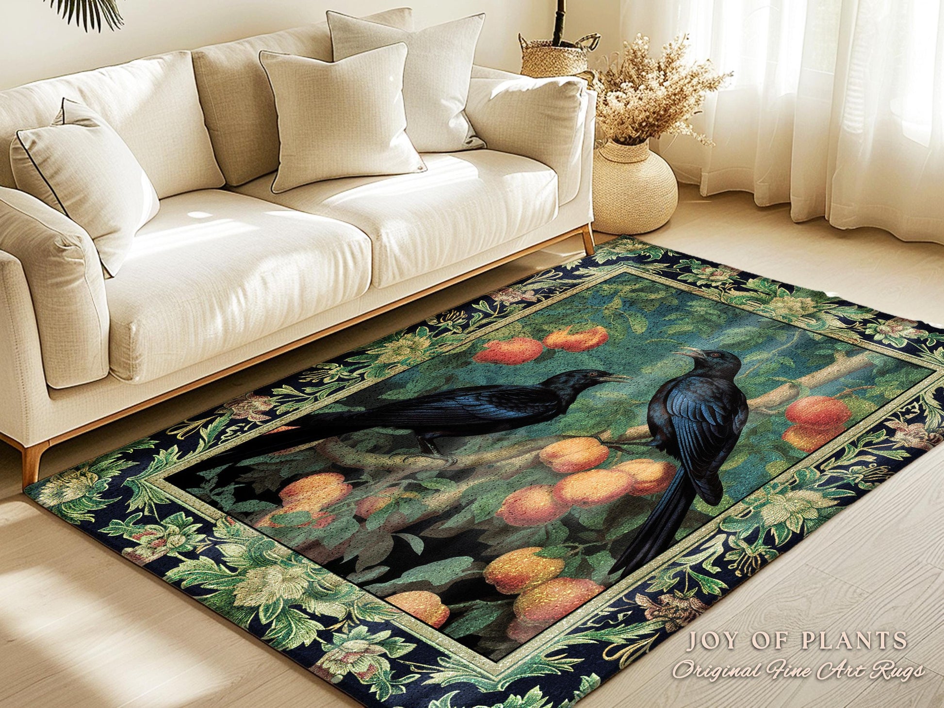 Dark Botanical Black Raven Rug Gothic Forestcore Home Decor | Dark Academia Crowcore Decor Whimsigoth Aesthetic Bird Art Decorative Area Rug