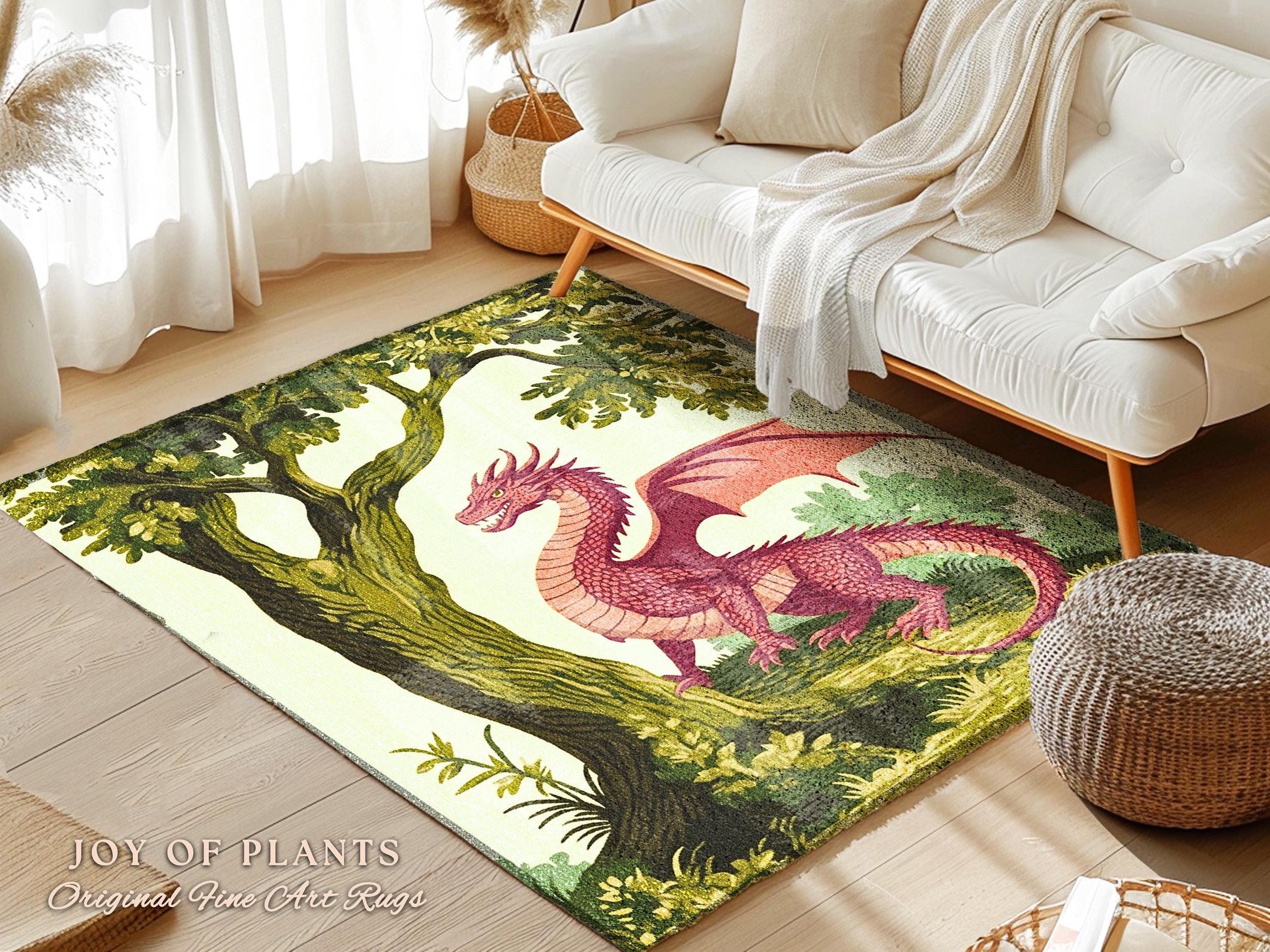 Pastoral Dragon Rug Light Academia Inspired Woodland Cottagecore Goblincore, Rustic Folklore Home Decor Forestcore Medieval Aesthetic Art