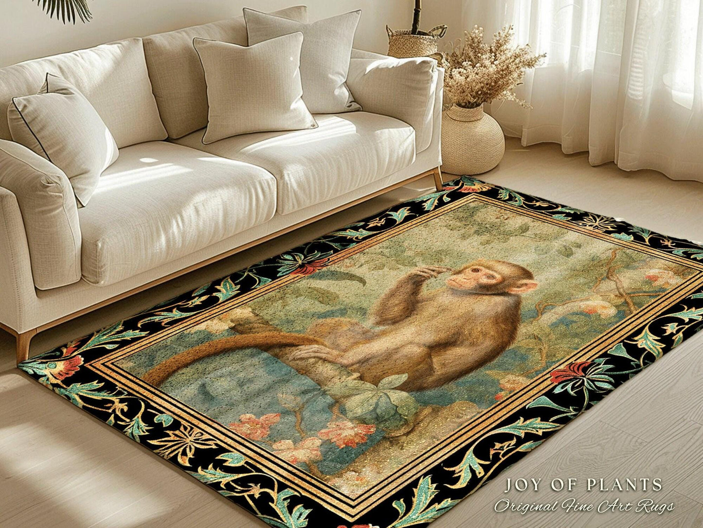 Botanical Monkey Round Rug Forestcore Morris Inspired Cottagecore Room, Light Academia Mystical Monkey Victorian Aesthetic Decorative Decor