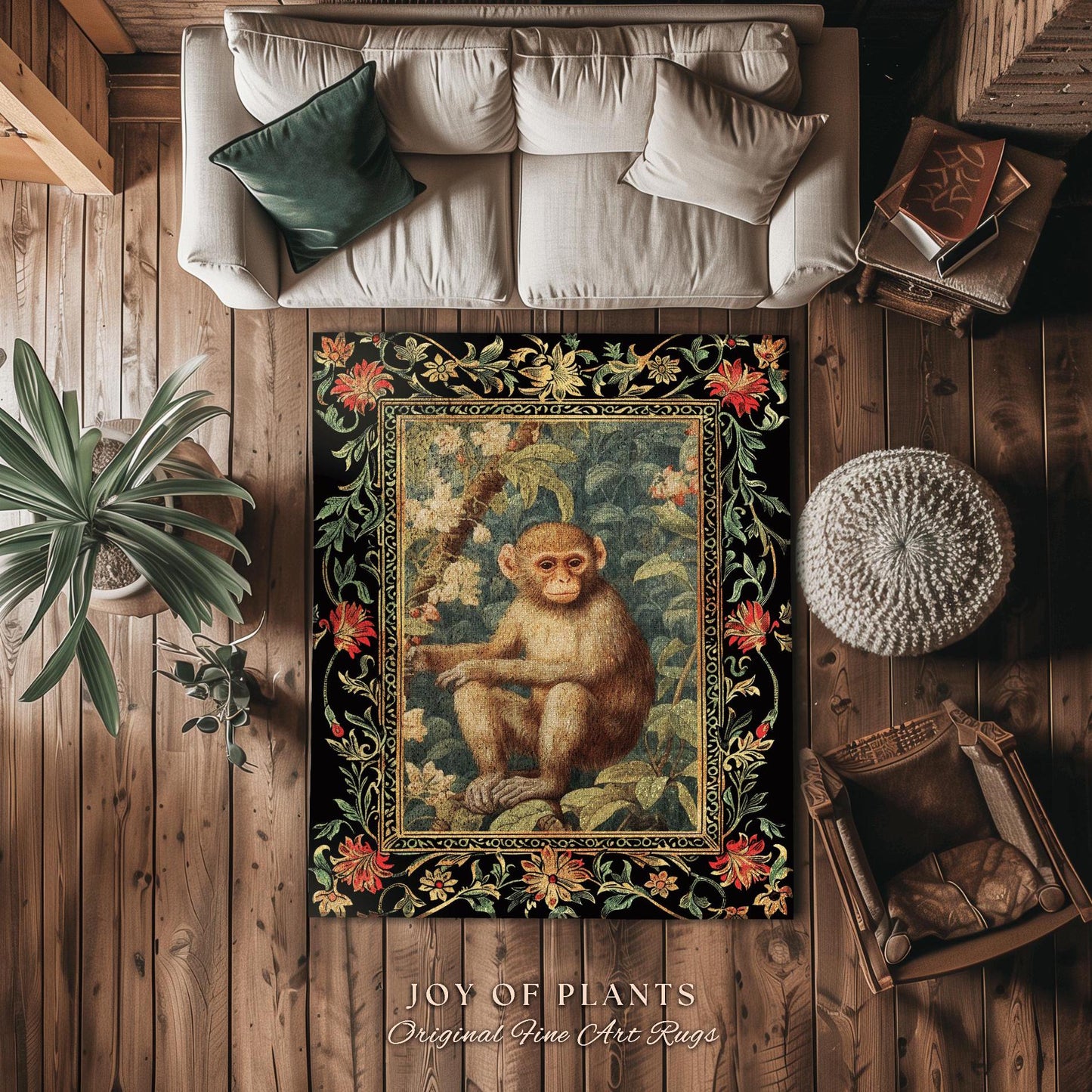 Light Academia Round Monkey Rug Mystical Aesthetic | Pastel Floral Accent Botanical Woodland Decor William Morris Inspired Cottagecore Room