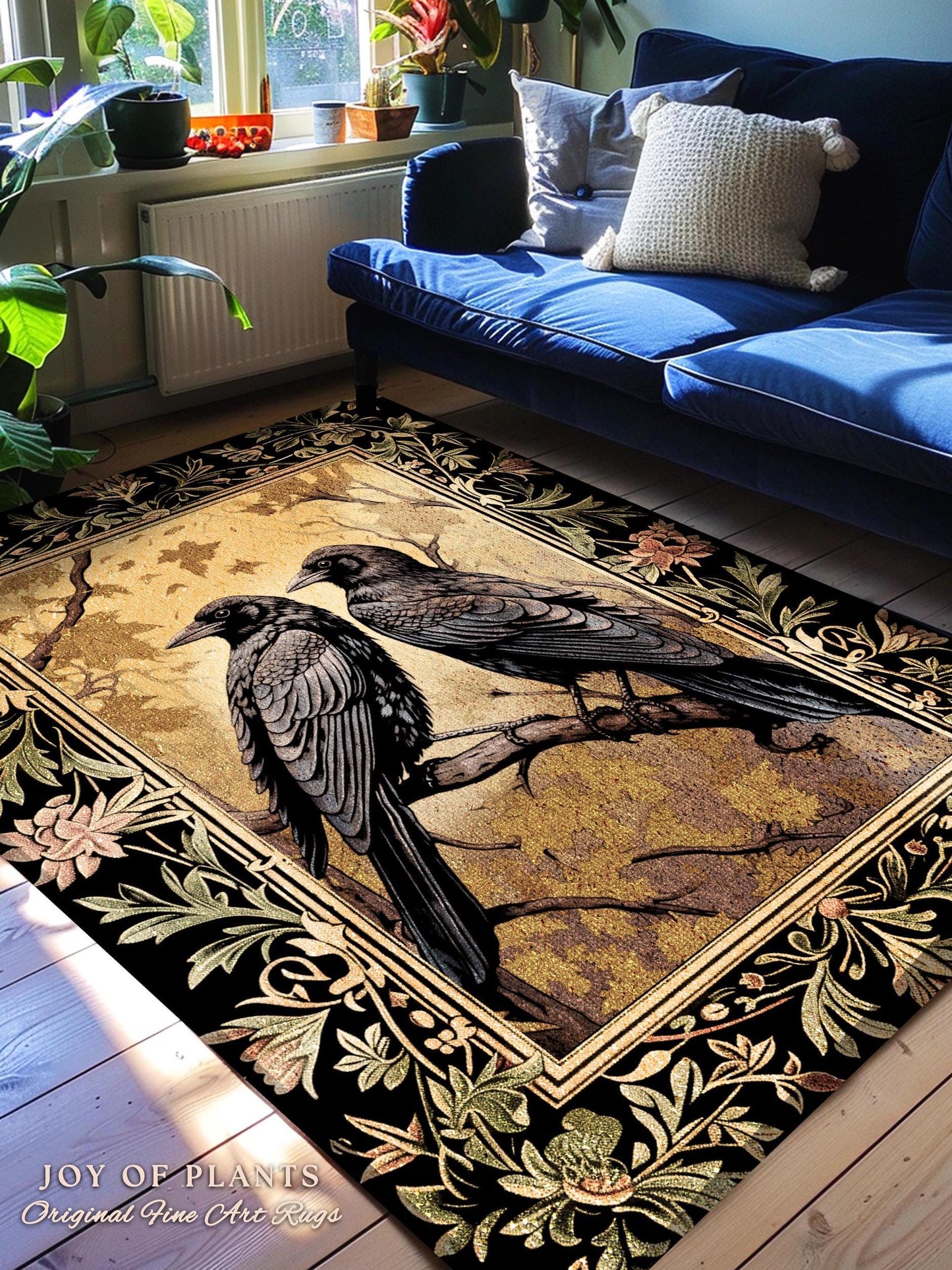 Golden Gothic Raven Rug Whimsical Cottagecore Botanical Decor | Witchy Cottage Aesthetic Vintage Crowcore Rustic Farmhouse Style