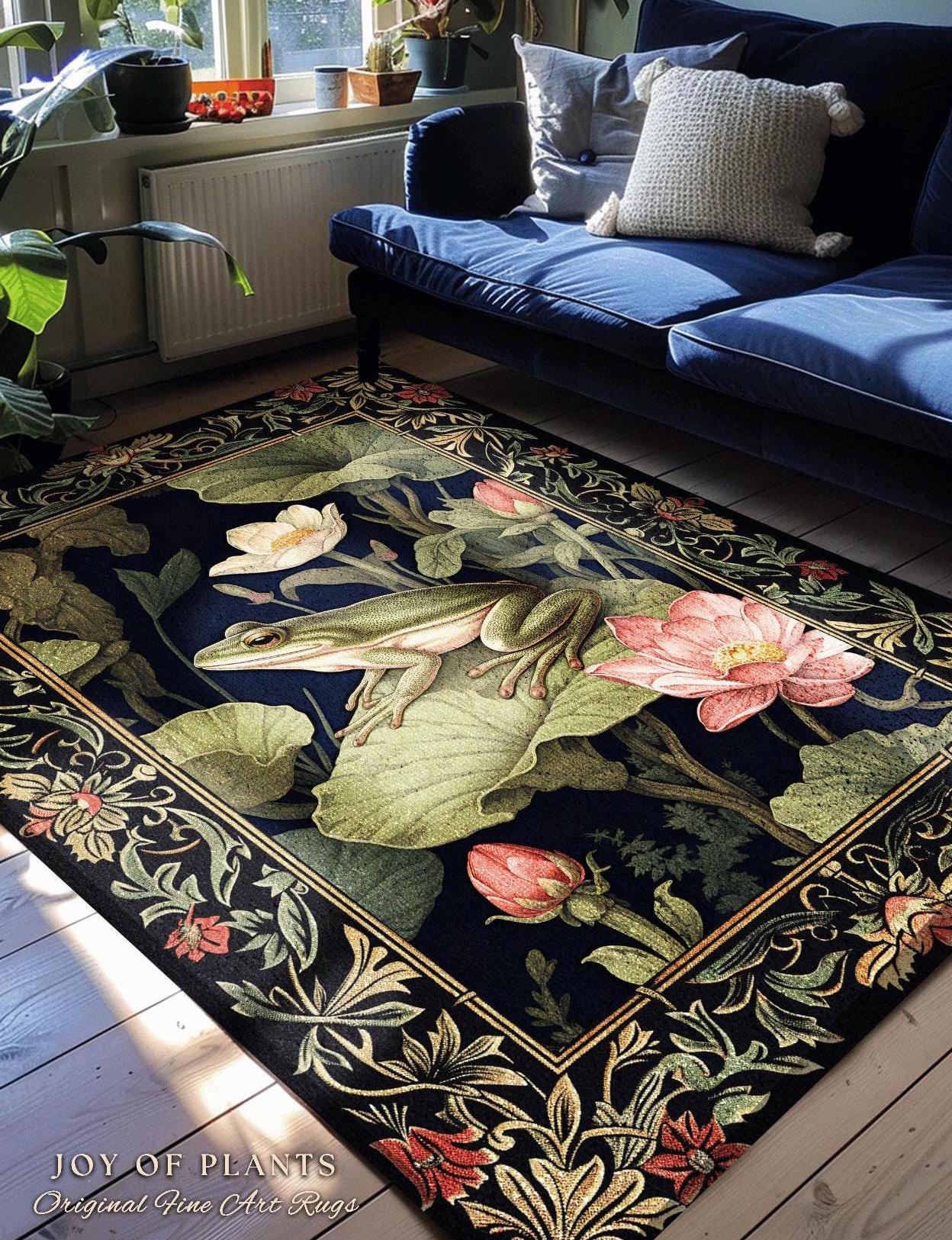 Boho Cottagecore Botanical Frog Rug Whimsigothic Decor | Goblincore Dark Floral Frog Rug Nature Lover Morris Style Decor Lily Pad Frog Rug