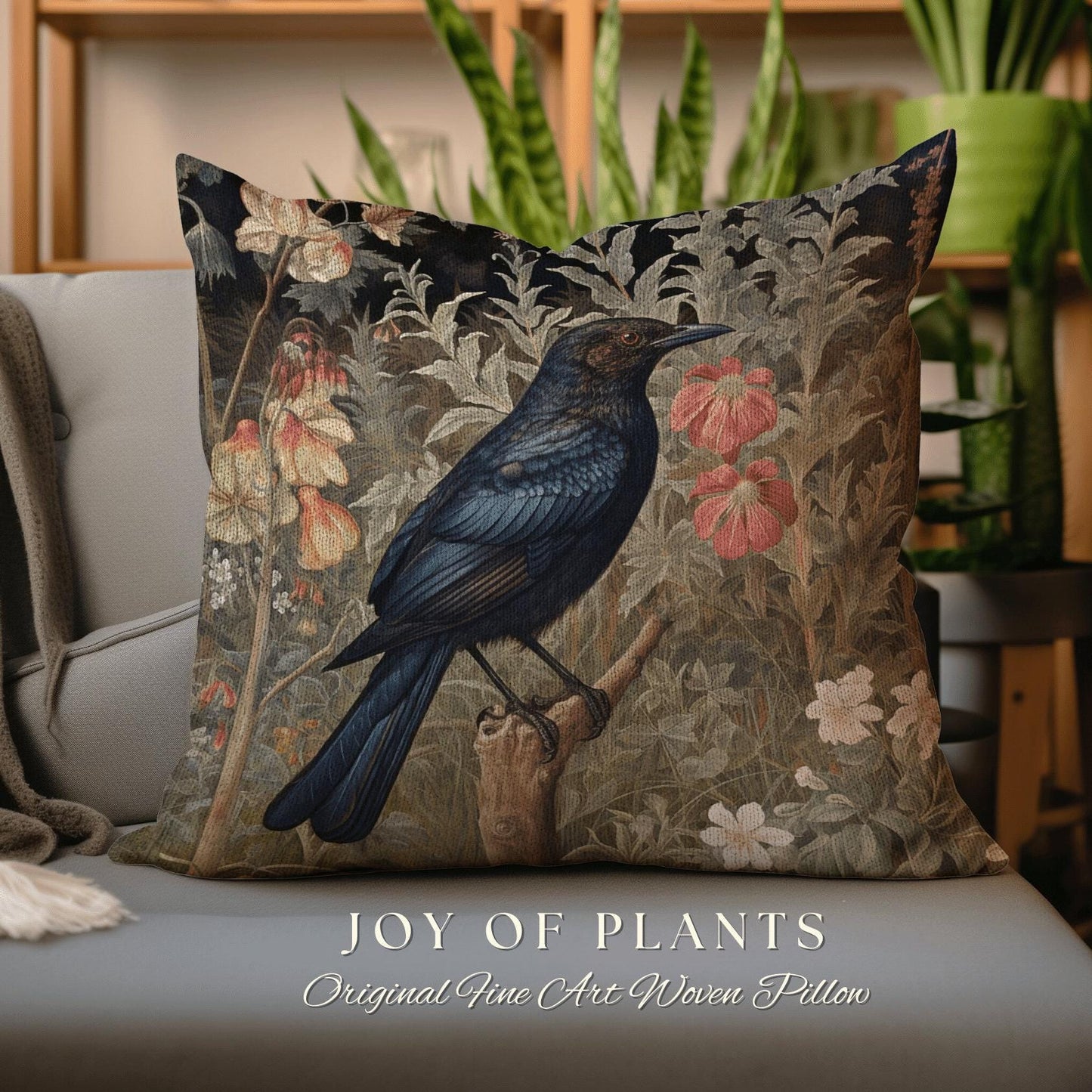 Raven Throw Pillow Floral | Morris Inspired Pillow Pastel Goth Crowcore Decor Pillow Maximalist Home Decor Crow Pillow Dark Botanical Crow |