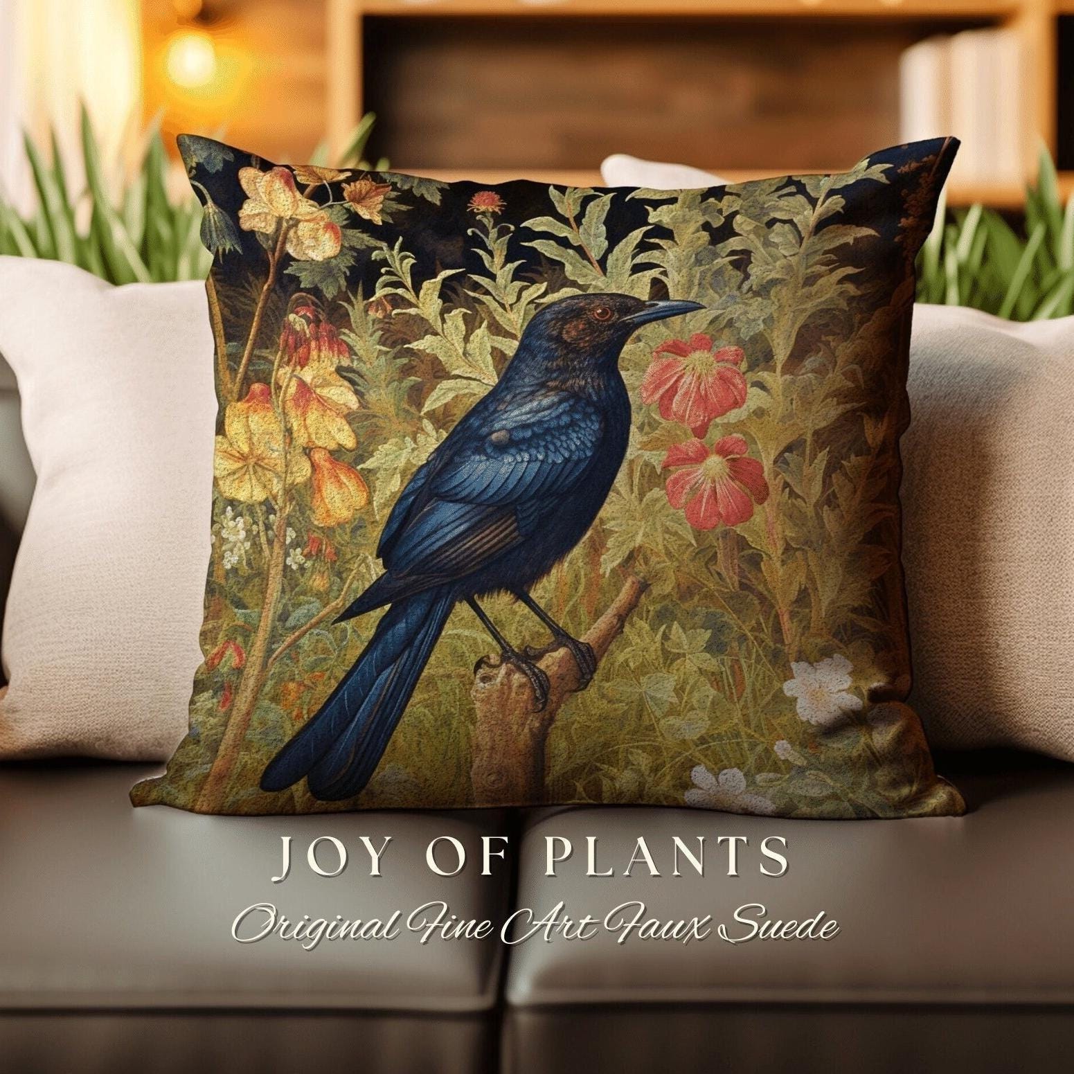 Raven Throw Pillow Floral | Morris Inspired Pillow Pastel Goth Crowcore Decor Pillow Maximalist Home Decor Crow Pillow Dark Botanical Crow |