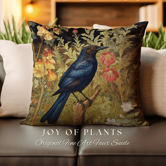 Raven Throw Pillow Floral | Morris Inspired Pillow Pastel Goth Crowcore Decor Pillow Maximalist Home Decor Crow Pillow Dark Botanical Crow |