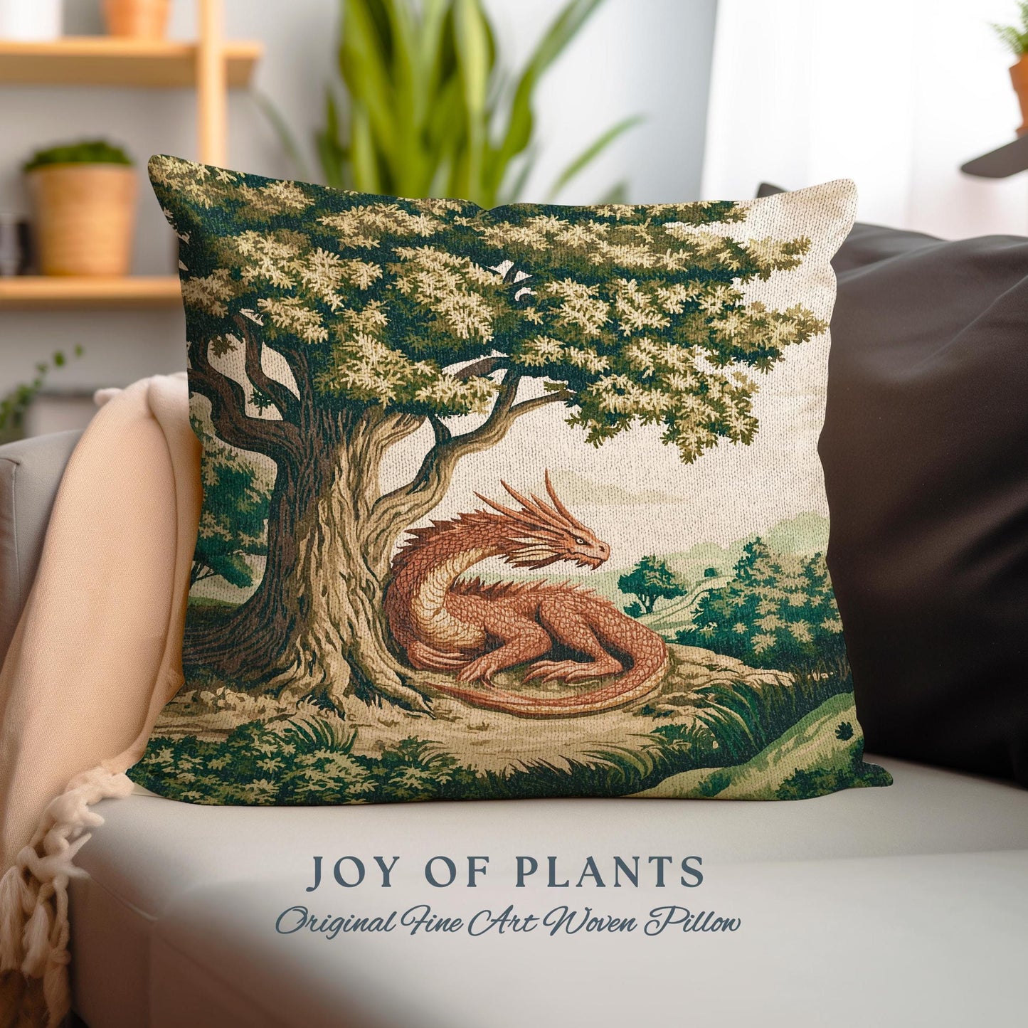Antique Aesthetic Dragon Pillow Rustic Woodland Decor Tapestry Cushion | Whimsical Fantasy Medieval Art Forestcore Woven Cozy Home Accent
