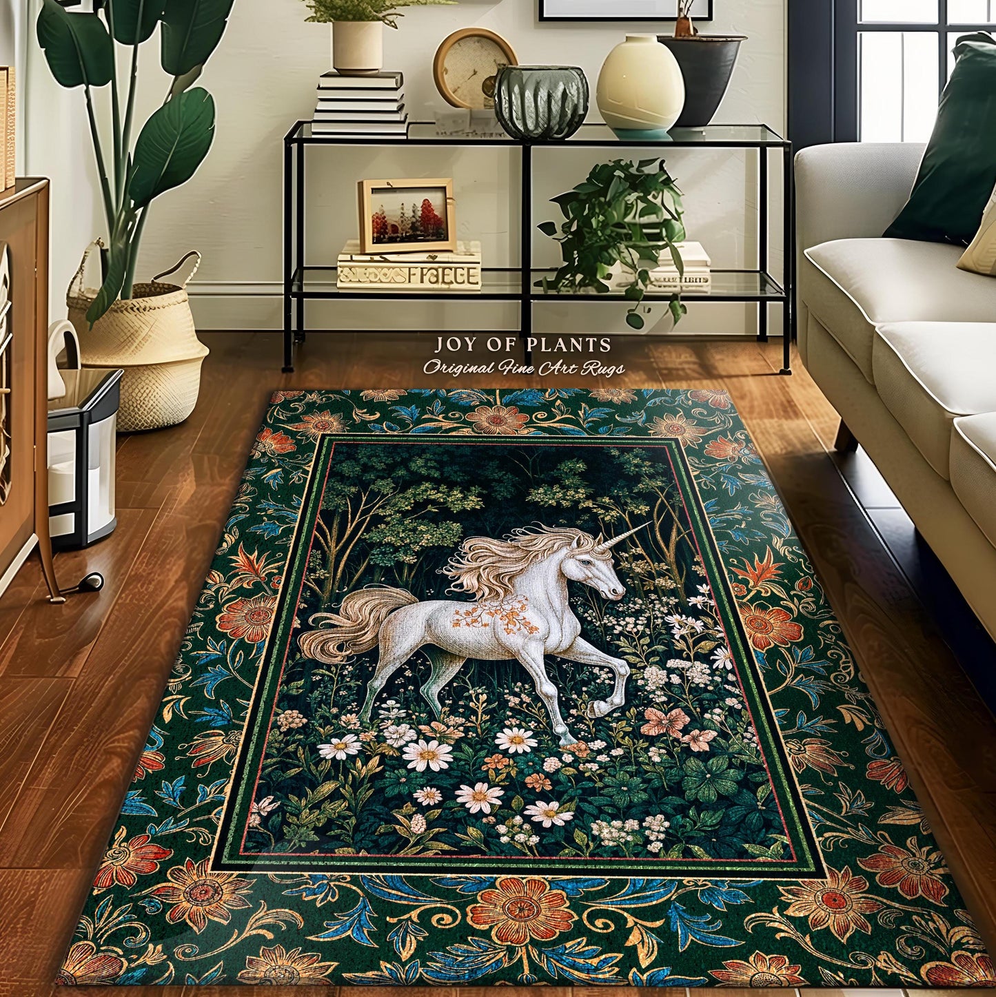 Storybook Aesthetic Mystic Unicorn Rug | Colorful Maximalist Area Rug Whimsical Victorian Fairycore Ethereal Bedroom Rug Medieval Woodland |