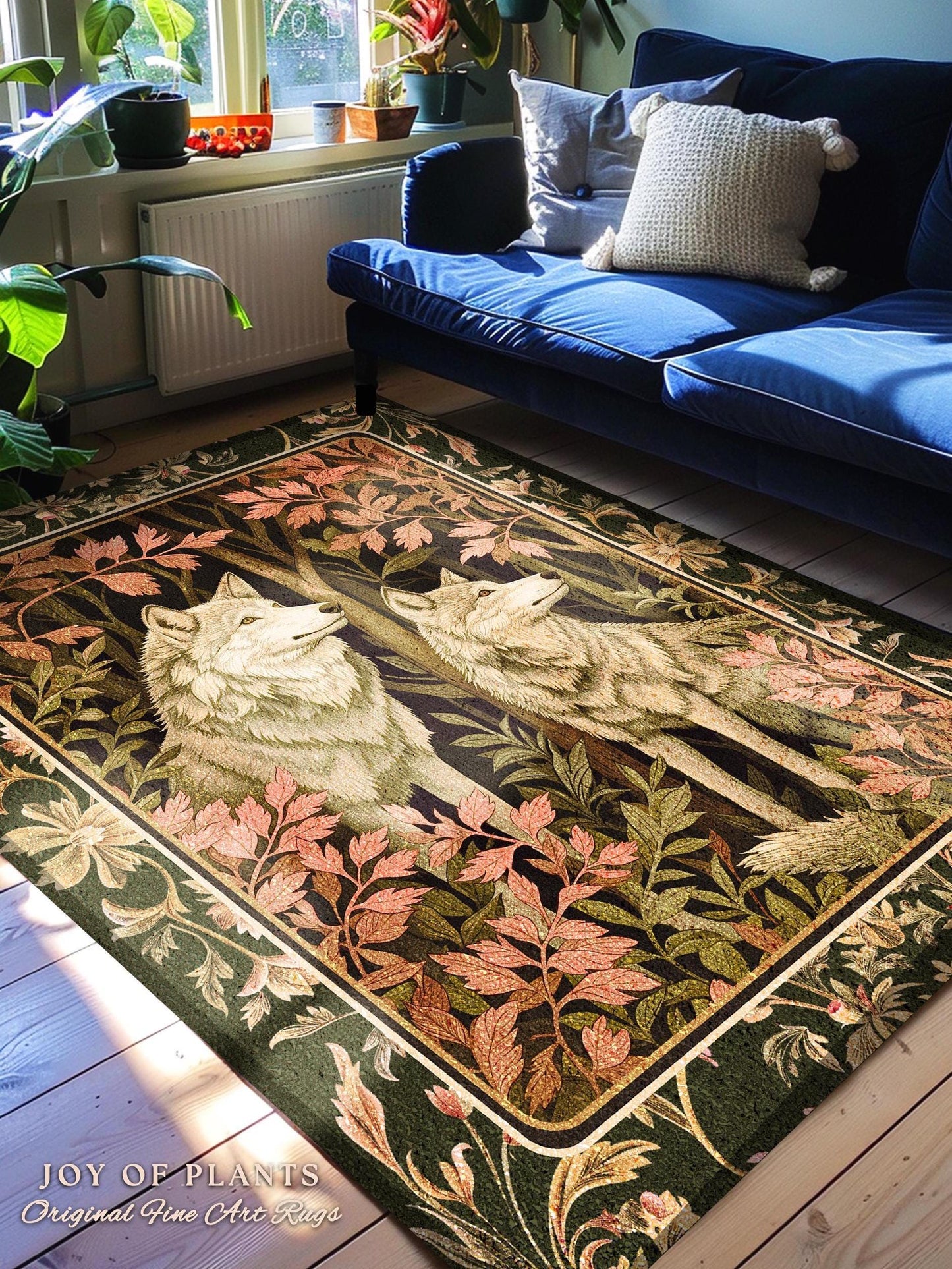 Woodland Wolf Area Rug | Nordic Aesthetic Dark Cottagecore Botanical Fantasy Inspired Rug Nature Themed Bedroom Whimsigothic Forest Wolf