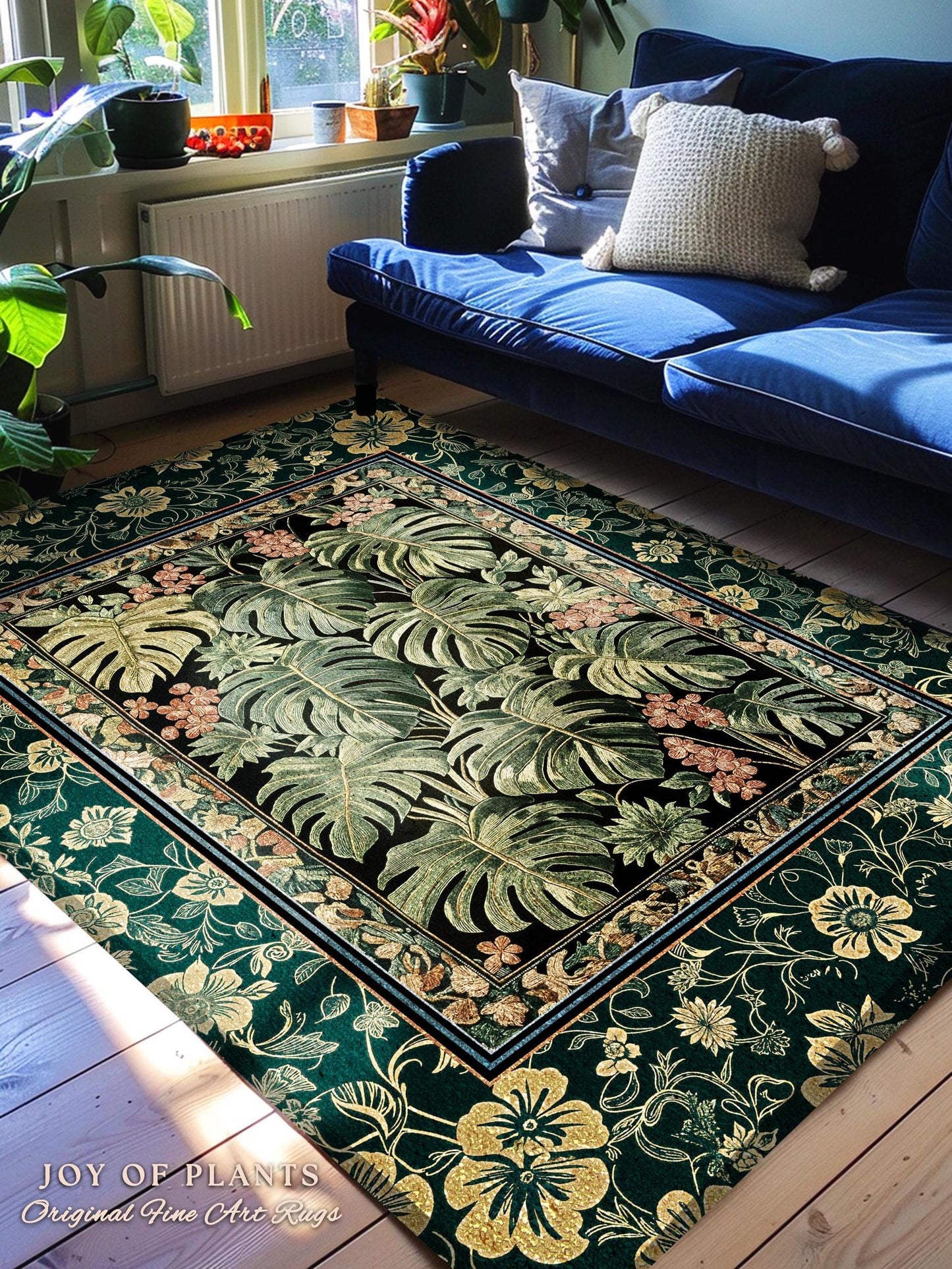 Emerald Elegance Jungle Accent Rug | Botanical Aesthetic Monstera Deliciosa Greenhouse Statement Rug Tropical Plants Green Moody Jungle Vibe