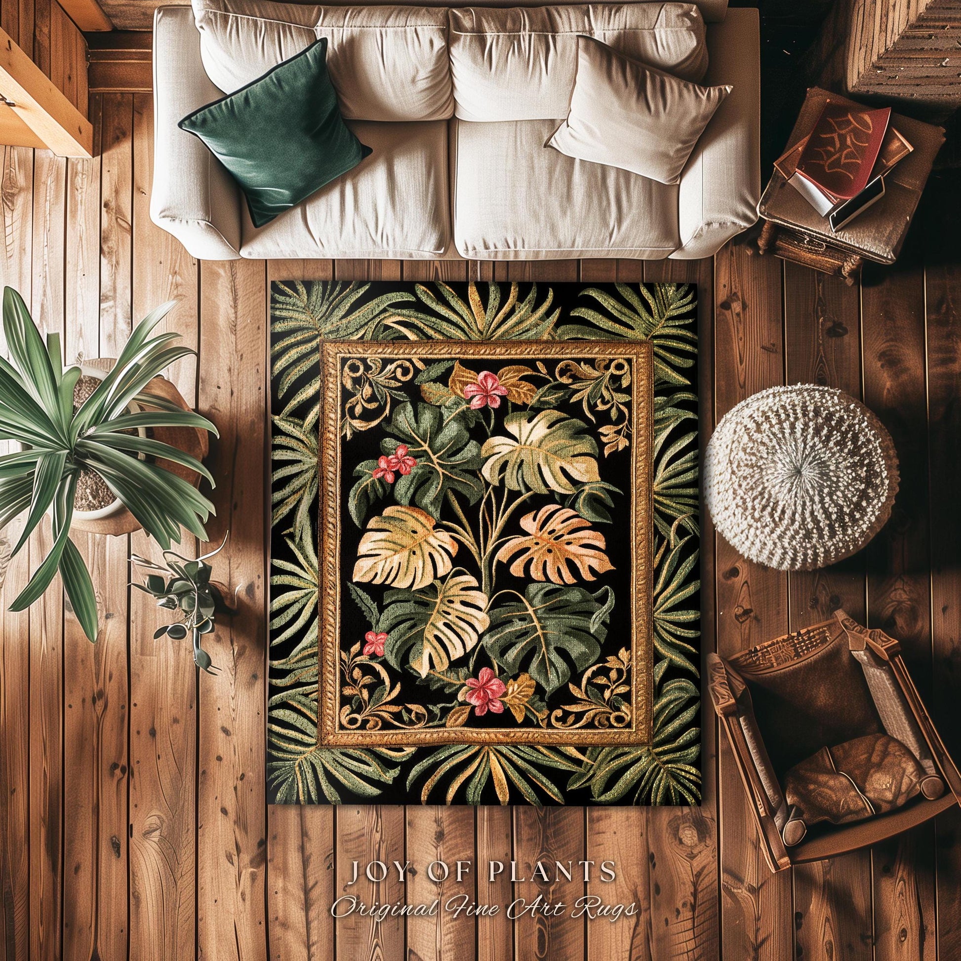 Dark Academia Monstera Lover Rug | Whimsical Botanical Statement Rug Exotic Foliage Dark Tropical Cottagecore Jungle Theme Indie Bedroom |
