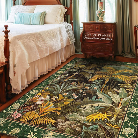 Maximalist Botanical Jungle Area Rug | Exotic Leaf Tropical Nature Theme Bedroom Decor Vintage Elegance Living Room Forest Floor Abstract |