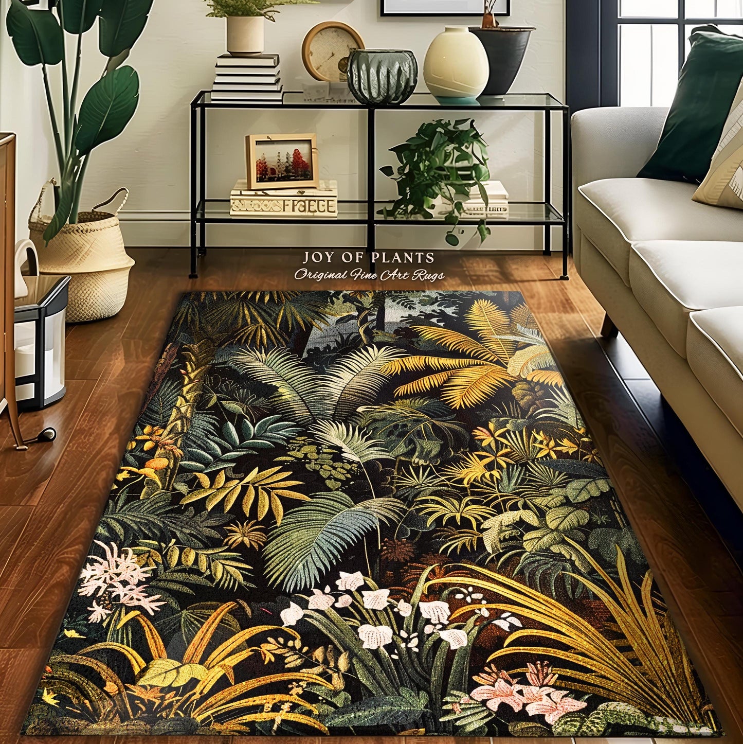 Earthy Colors Tropical Leaves Area Rug | Jungle Theme Bedroom Decor Whimsical Botanical Living Room Forest Floor Abstract House Plant Rug |