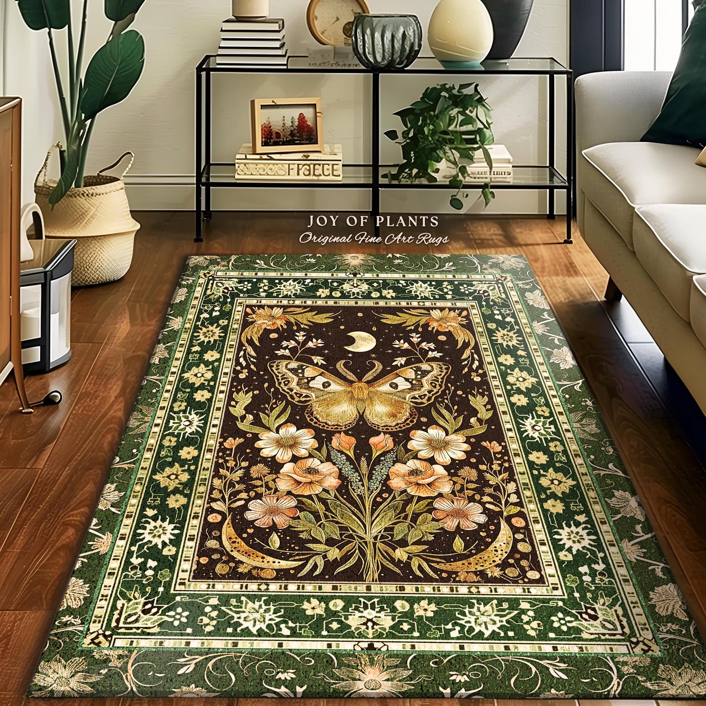 Hippie Moth Moon Accent Rug | Floral Whimsy Fairy Aesthetic Enchanted Forest Art Vintage Forest Green Cottagecore Woodland Butterfly Bedroom