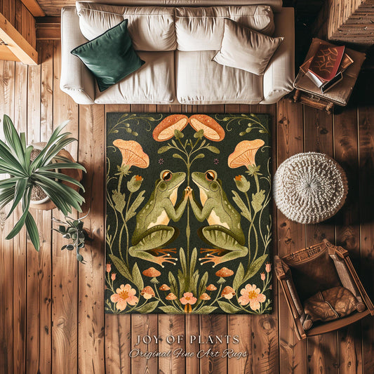 Woodland Whimsy Cottagecore Accent Rug | Boho Floral Bedroom Aesthetic Fairycore Frog Area Rug Botanical Folklore Scandinavian Toadstool