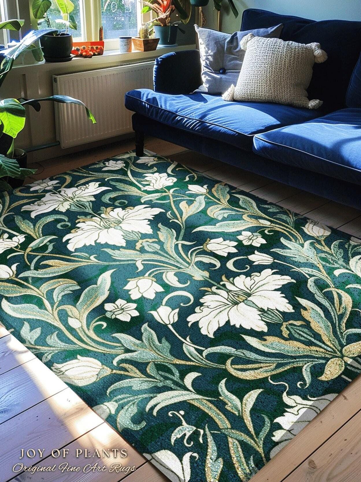 Botanical Teal Accent Rug | Elegant Room Decor Floral Aesthetic Blue Green Floor Rug Playful Green Bedroom Accent Nordic Pastel Cottagecore