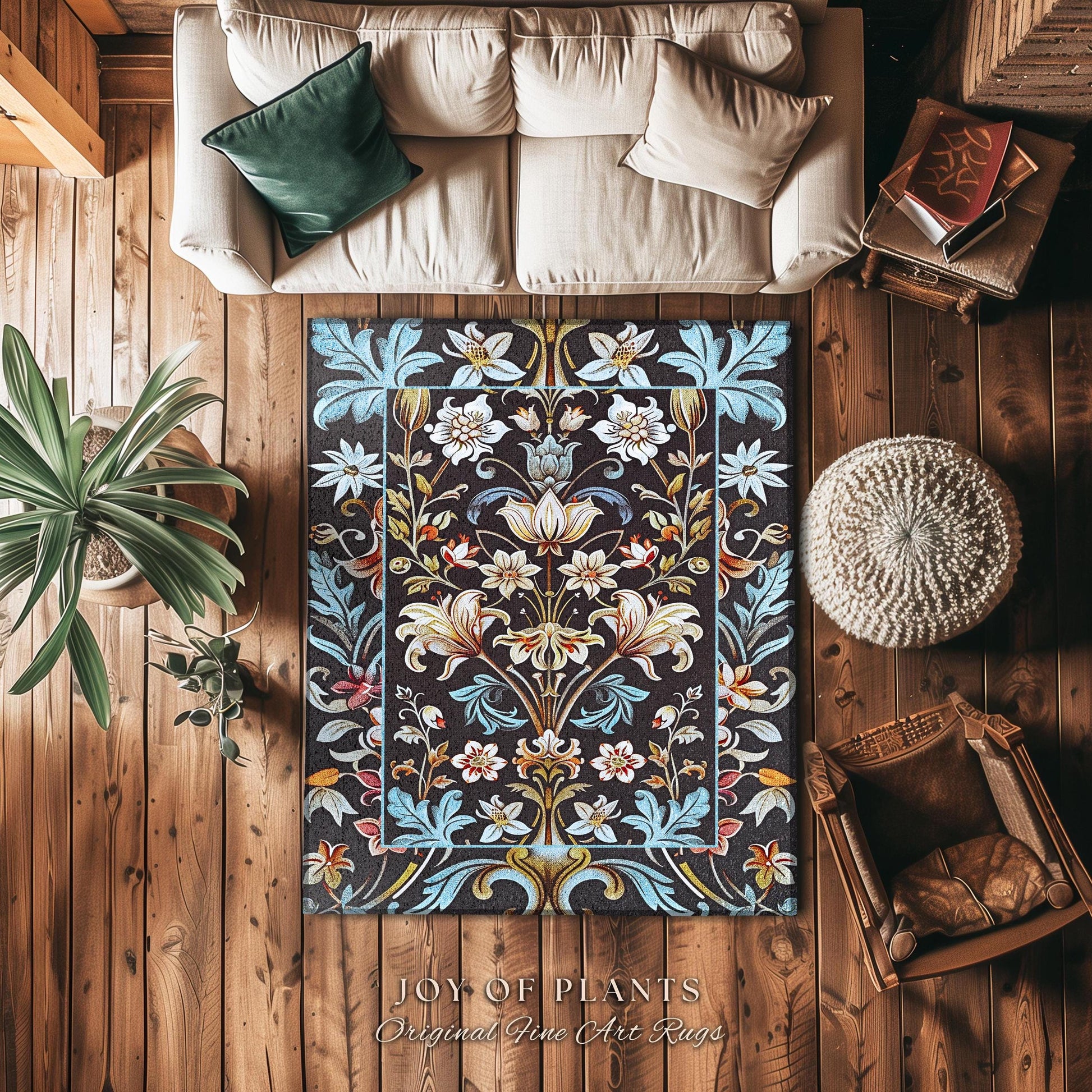 Whimsical Art Nouveau Floral Rug Victorian Whimsigothic Botanical, Vintage Academia Decor William Morris Inspired Elegant Cottagecore Accent