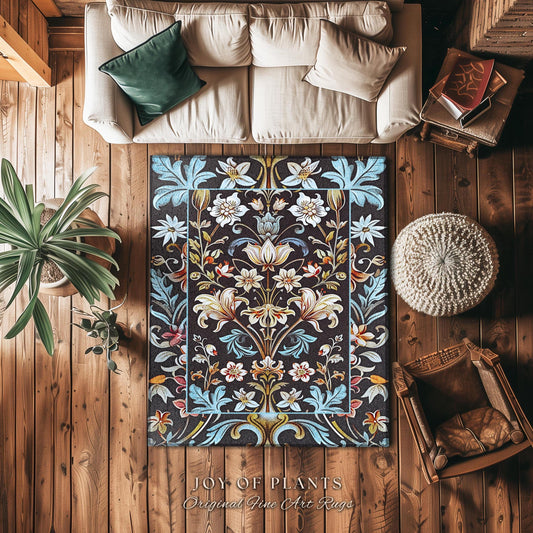 Whimsical Art Nouveau Floral Rug Victorian Whimsigothic Botanical, Vintage Academia Decor William Morris Inspired Elegant Cottagecore Accent