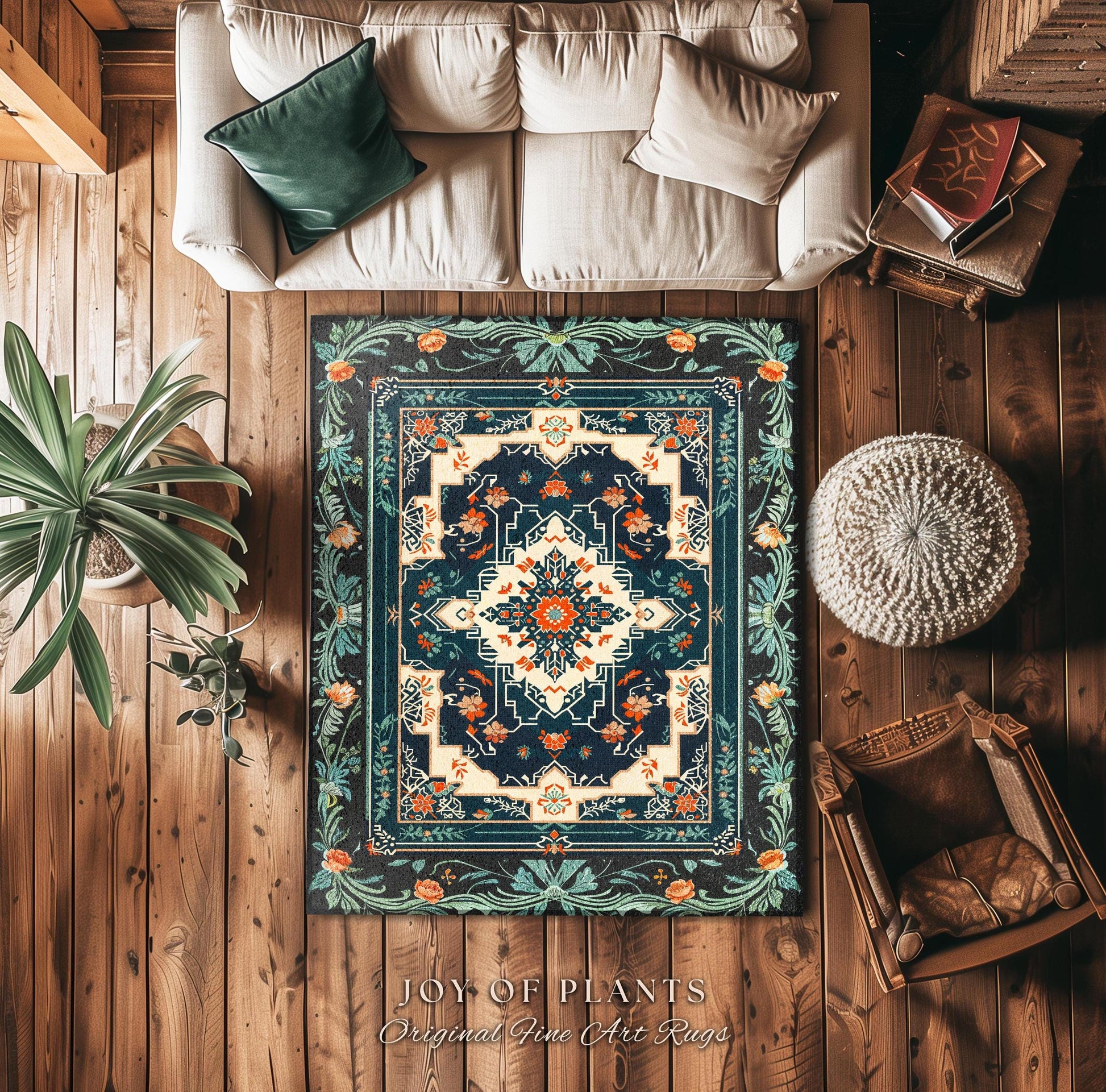 Teal and Orange Ornate Area Rug | Bohemian Room Decor Hippie Aesthetic Multicolor Floor Rug Playful Bedroom Accent Rug Nordic Pastel Style |
