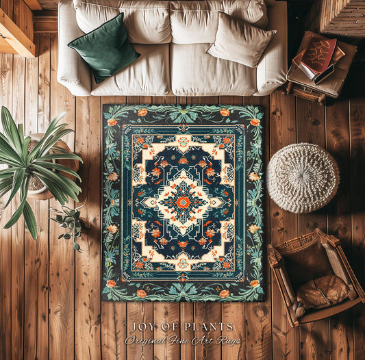 Teal and Orange Ornate Area Rug | Bohemian Room Decor Hippie Aesthetic Multicolor Floor Rug Playful Bedroom Accent Rug Nordic Pastel Style |