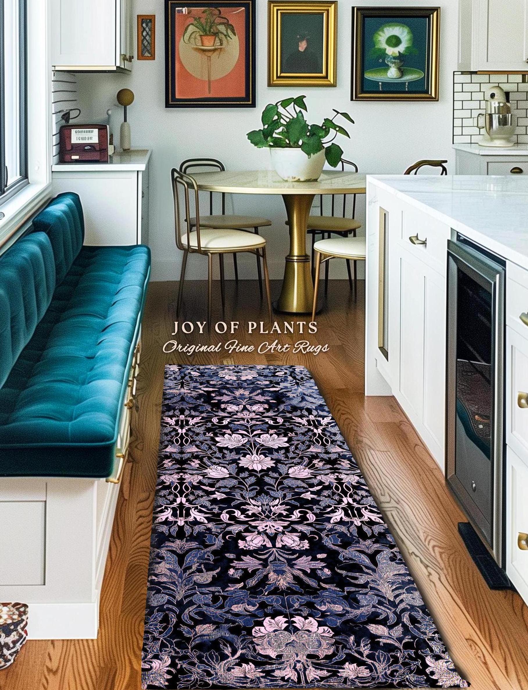 Elegant Fairycore Floral Area Rug | Ornate Renaissance Style Art Deco Aesthetic Purple Dark Botanical Rug William Morris Inspired Wildflower