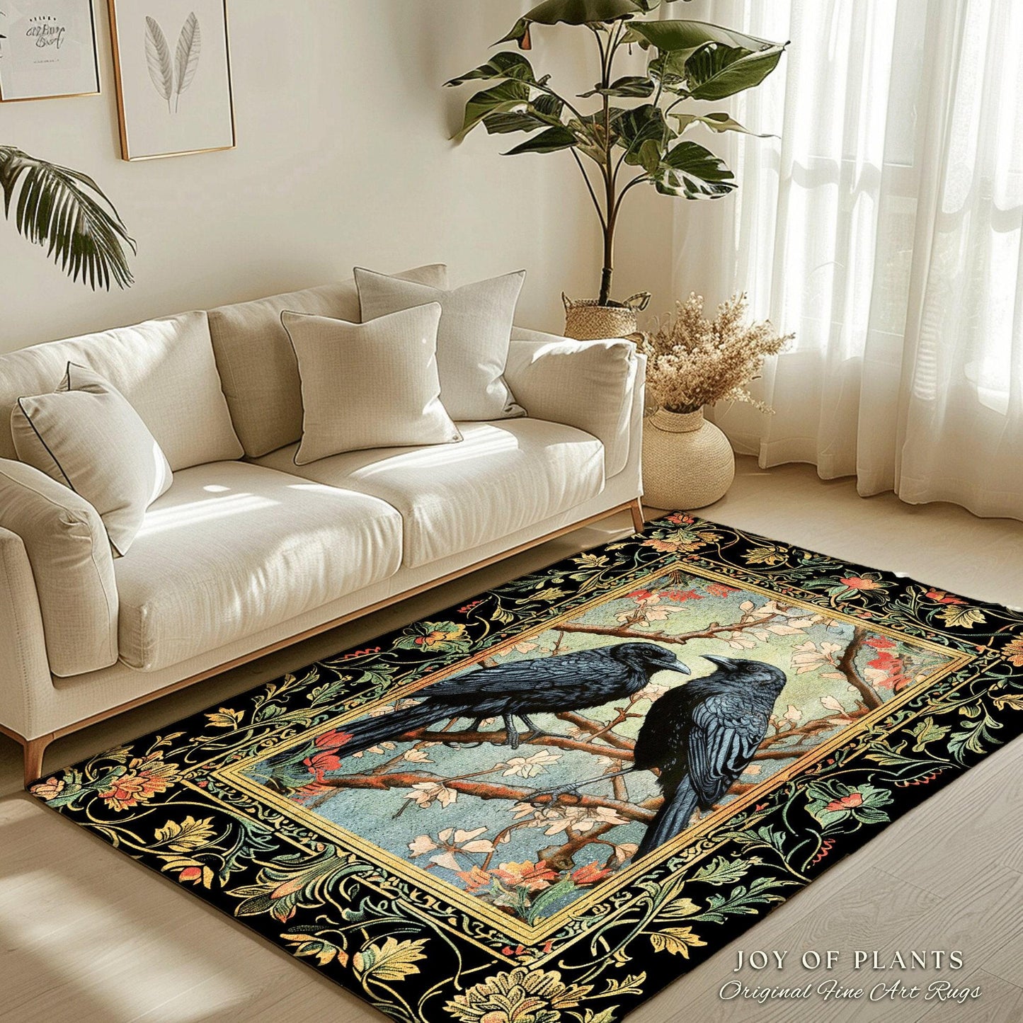 Woodland Fairycore Raven Whimsigoth Rug Victorian Gothic Decor | Enchanted Forest Round Rug Crow Lovers Nature Theme Whimsical Room Crowcore