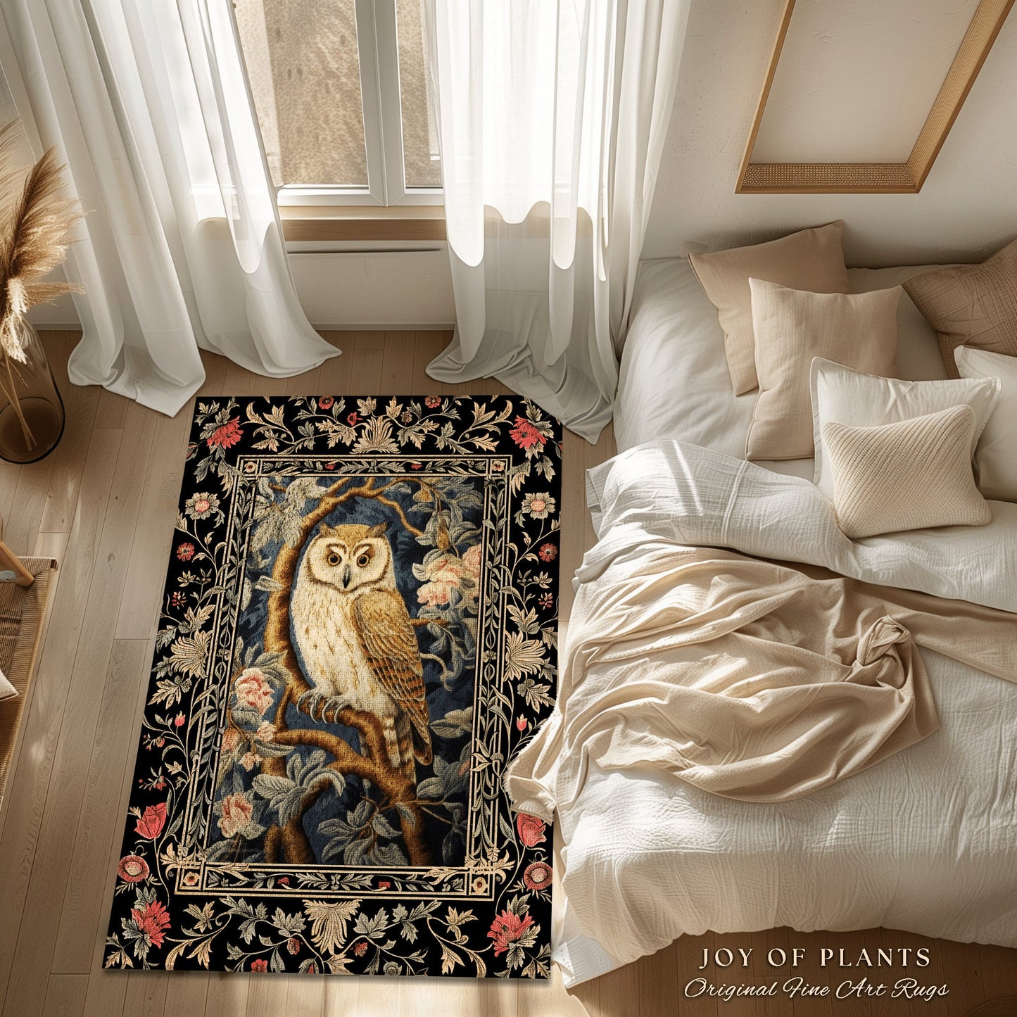 Ethereal Bedroom Round Owl Rug Morris Inspired Cottagecore Whimsical Room Soft Aesthetic Light Academia Style | Pastel Owl Home Decor Rug