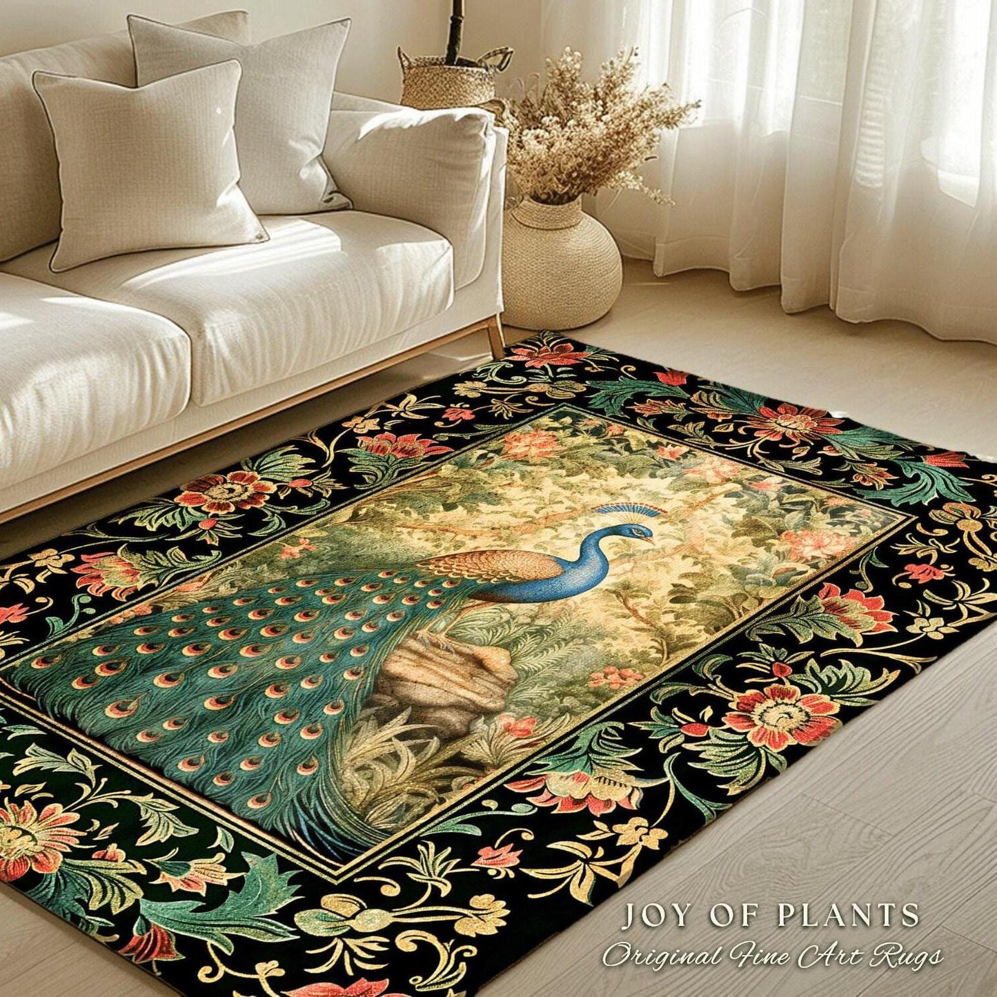 Maximalist Peacock Rug | Botanical Bedroom Decor William Morris Inspired Cottagecore Room Dark Academia Style Rug Mystical Crowcore Art