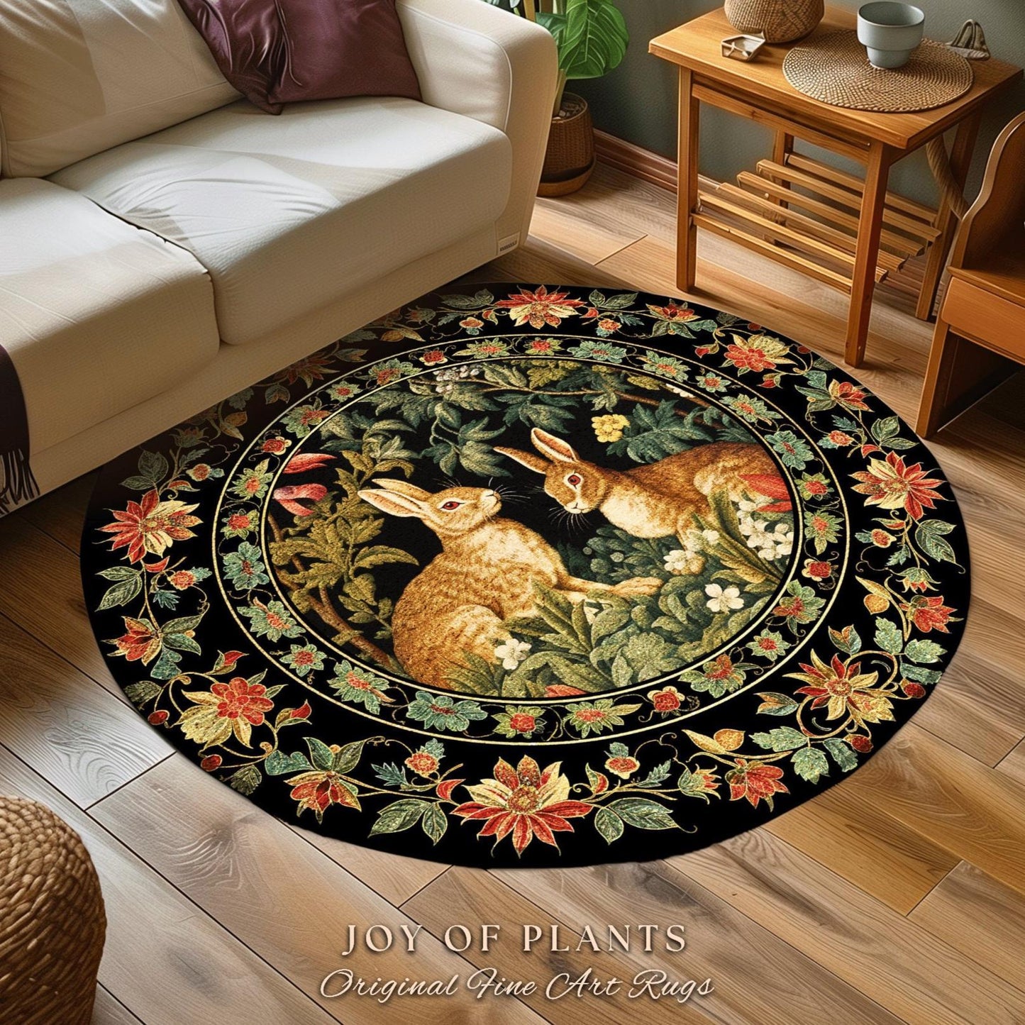 Dark Forest Rabbit Rug | Botanical Bedroom Decor William Morris Inspired Cottagecore Room Light Academia Style Rug Home Victorian Floral