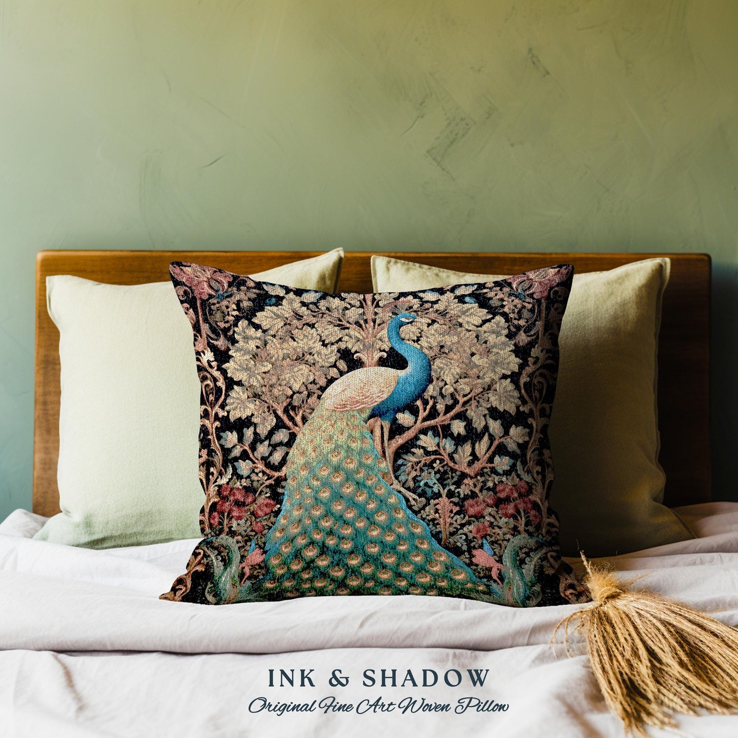 Maximalist Aesthetic Peacock Pillow | William Morris Inspired Peacock Woodland Decor Cushion Botanical Ornate Home Decor Eclectic Throw