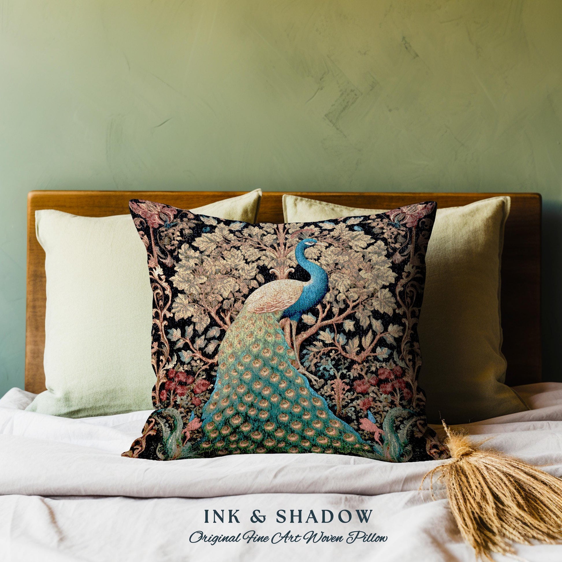 Maximalist Aesthetic Peacock Pillow | William Morris Inspired Peacock Woodland Decor Cushion Botanical Ornate Home Decor Eclectic Throw