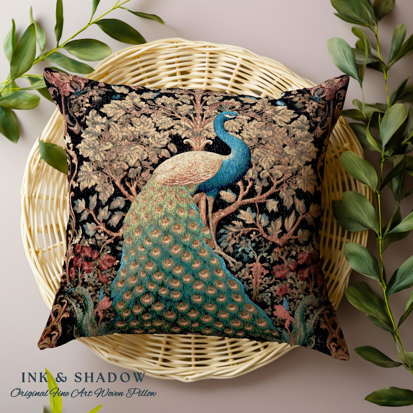 Maximalist Aesthetic Peacock Pillow | William Morris Inspired Peacock Woodland Decor Cushion Botanical Ornate Home Decor Eclectic Throw