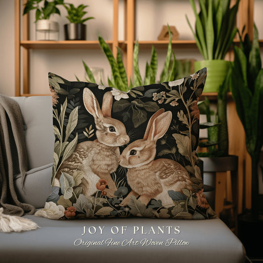 Rabbit Pillow Cottagecore Decor | Fairycore Woven Accent Pillow Boho Room Decor Spring Decorating Bunny Aesthetic Rabbit Cushion Forestcore