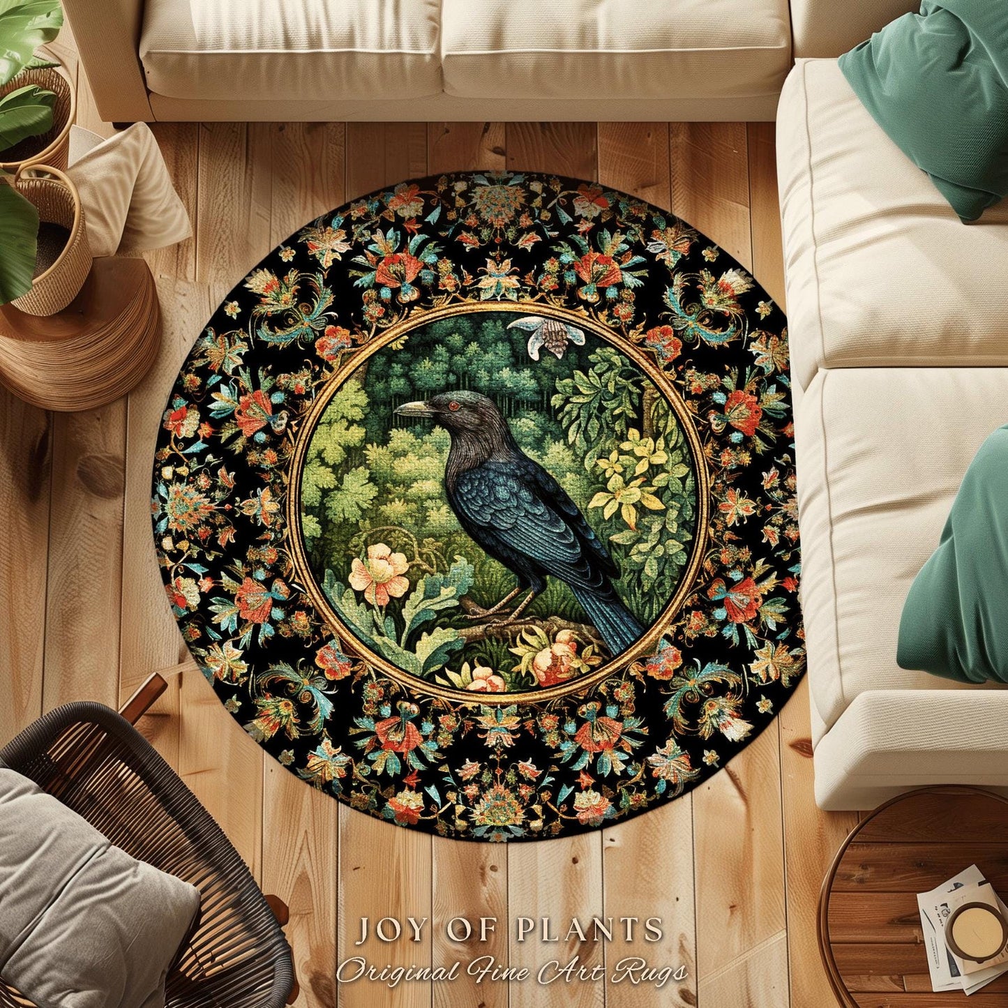 Botanical Forestcore Round Raven Rug Witchy Bedroom Crow Decor Morris Inspired Cottagecore, Dark Academia Mystical Woodland Crowcore Art