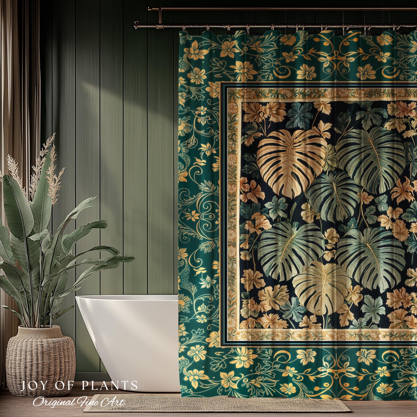 Enchanted Grove Botanical Shower Curtain | Forestcore Home Decor Cottagecore Maximalist Whimsical Monstera Vibes Trendy Bathroom Artwork |