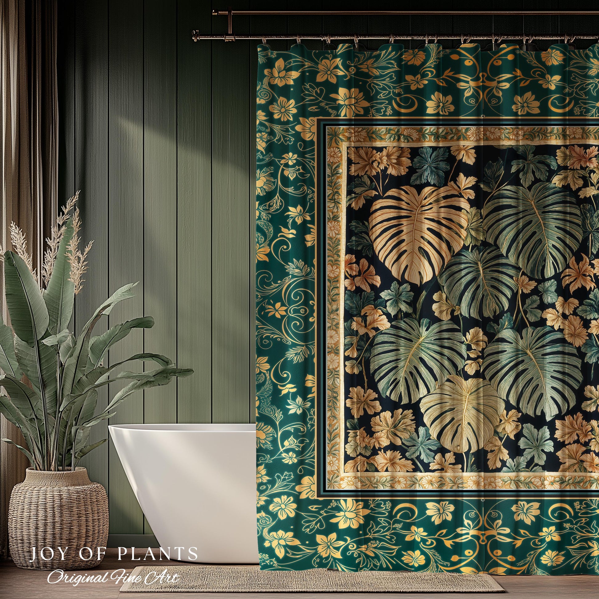 Enchanted Grove Botanical Shower Curtain | Forestcore Home Decor Cottagecore Maximalist Whimsical Monstera Vibes Trendy Bathroom Artwork |