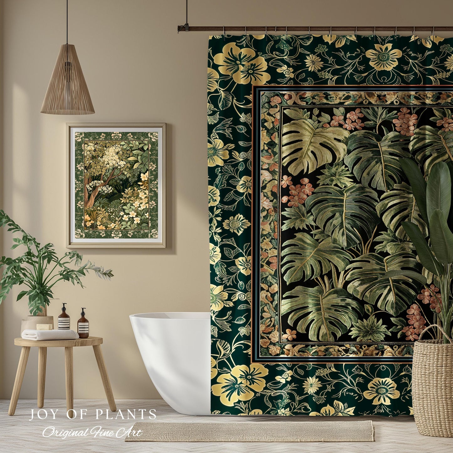 Verdant Flora Jungle Leaves Shower Curtain | Maximalist Forestcore Whimsical Plant Themed Bathroom Monstera Cottagecore Inspired Home Decor