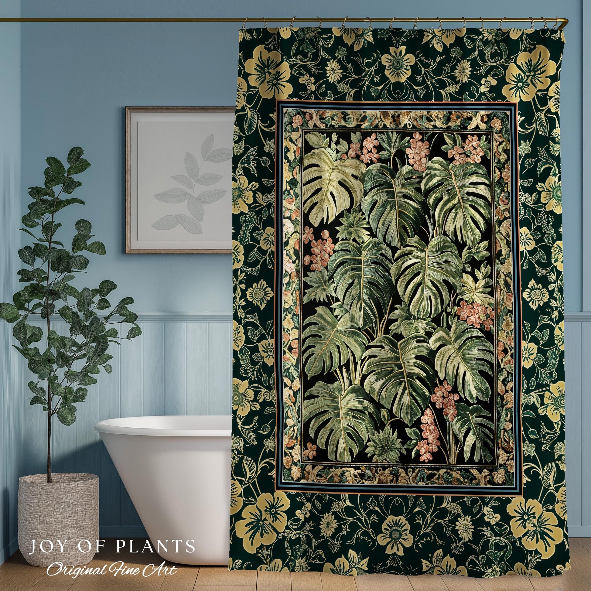 Verdant Flora Jungle Leaves Shower Curtain | Maximalist Forestcore Whimsical Plant Themed Bathroom Monstera Cottagecore Inspired Home Decor