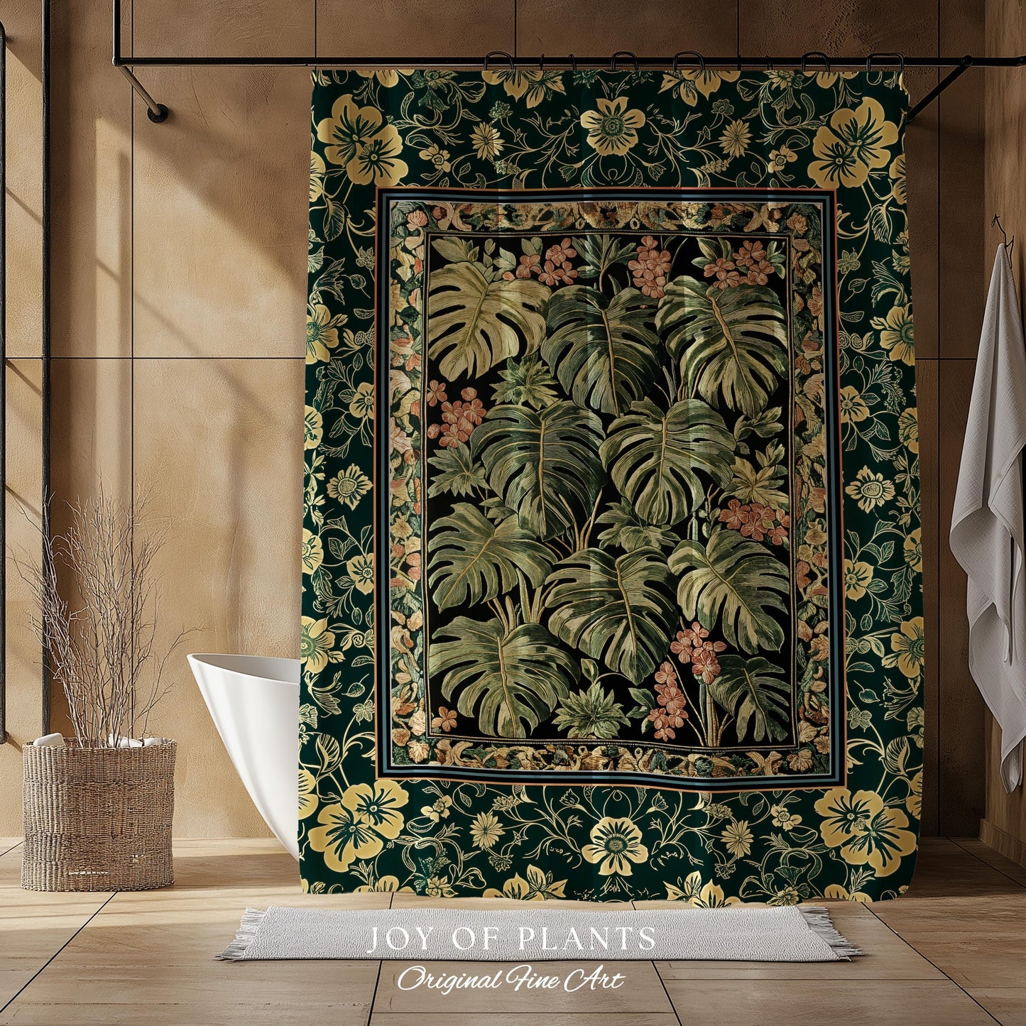 Verdant Flora Jungle Leaves Shower Curtain | Maximalist Forestcore Whimsical Plant Themed Bathroom Monstera Cottagecore Inspired Home Decor