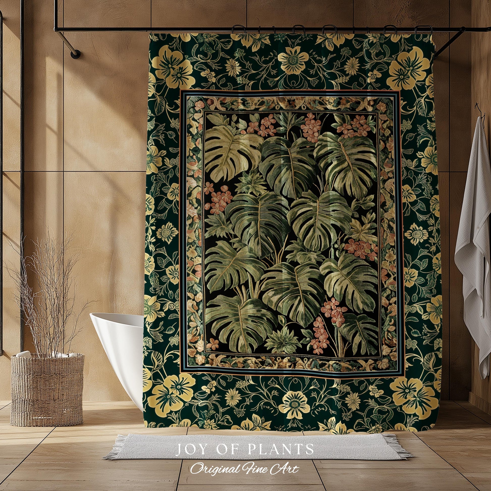 Verdant Flora Jungle Leaves Shower Curtain | Maximalist Forestcore Whimsical Plant Themed Bathroom Monstera Cottagecore Inspired Home Decor