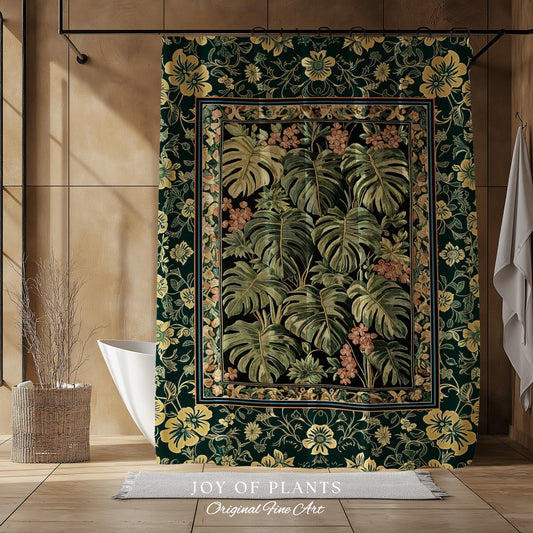 Verdant Flora Jungle Leaves Shower Curtain | Maximalist Forestcore Whimsical Plant Themed Bathroom Monstera Cottagecore Inspired Home Decor