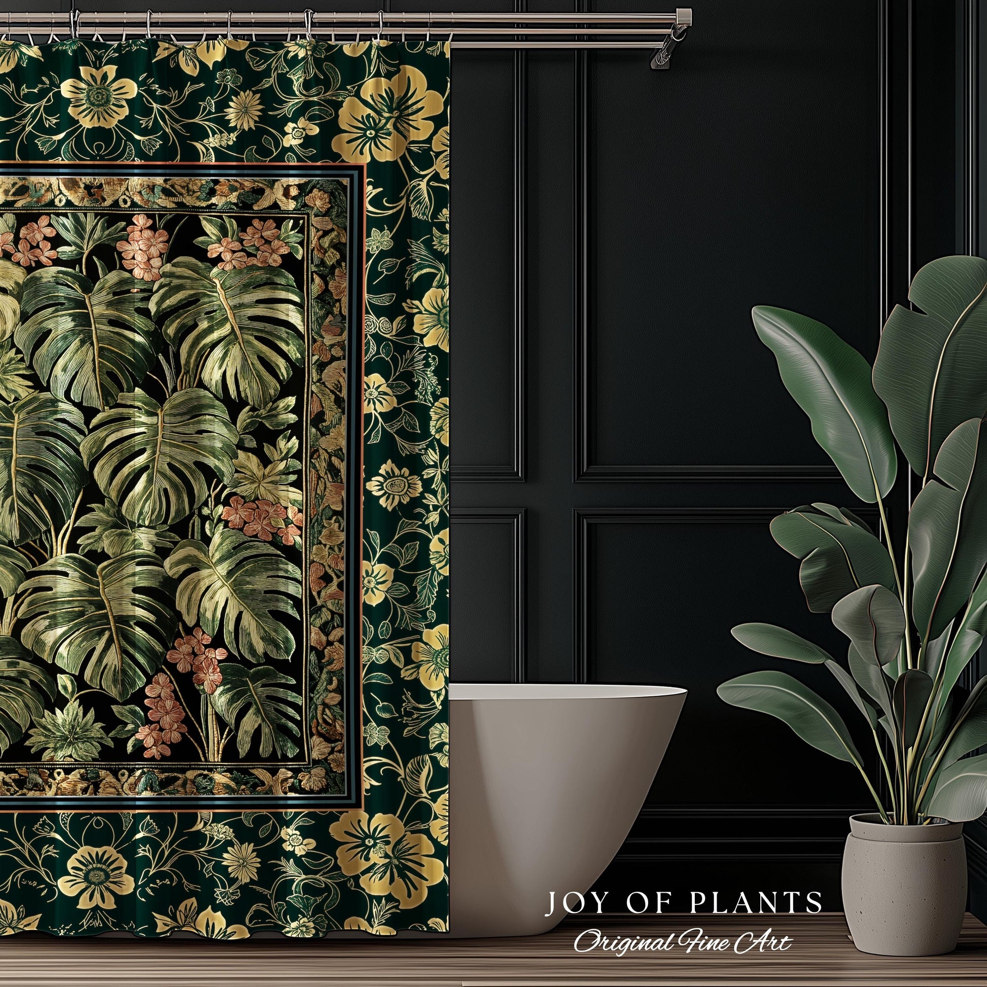 Verdant Flora Jungle Leaves Shower Curtain | Maximalist Forestcore Whimsical Plant Themed Bathroom Monstera Cottagecore Inspired Home Decor