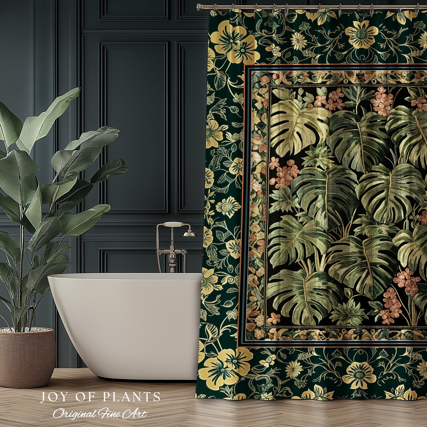 Verdant Flora Jungle Leaves Shower Curtain | Maximalist Forestcore Whimsical Plant Themed Bathroom Monstera Cottagecore Inspired Home Decor