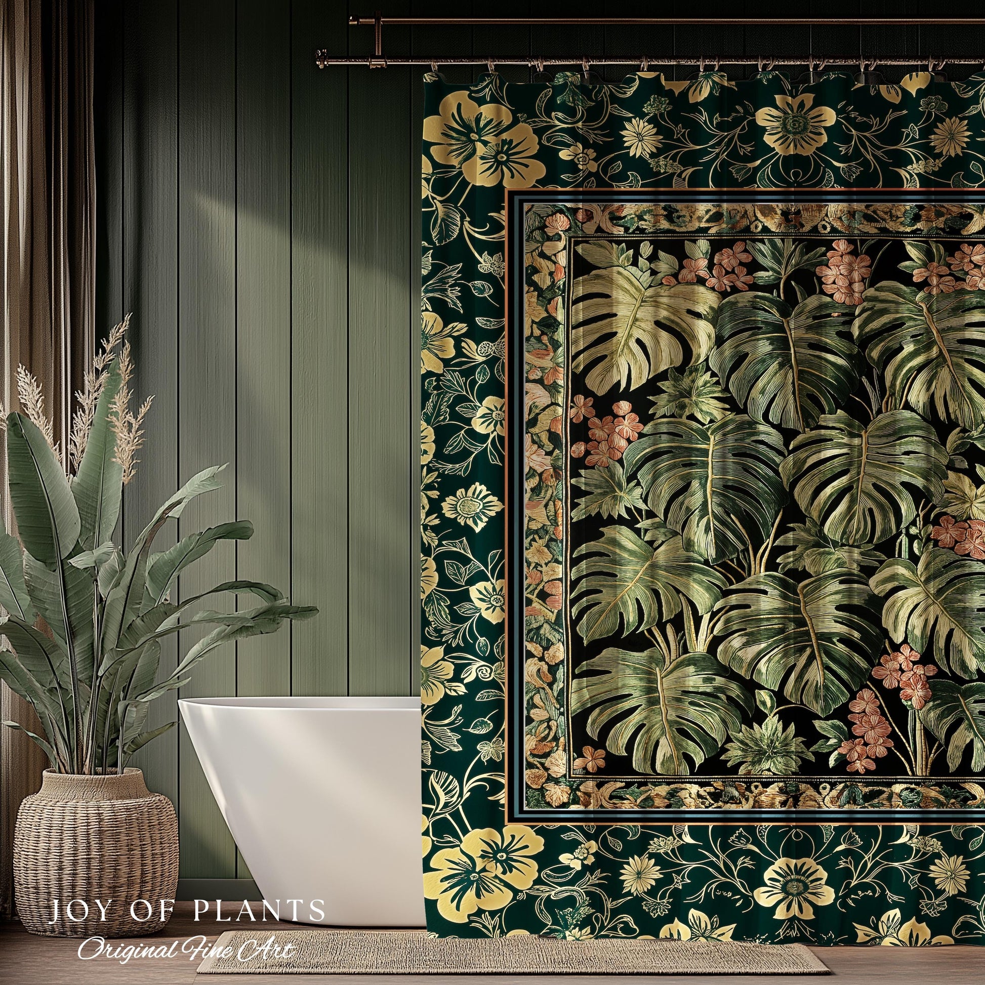 Verdant Flora Jungle Leaves Shower Curtain | Maximalist Forestcore Whimsical Plant Themed Bathroom Monstera Cottagecore Inspired Home Decor