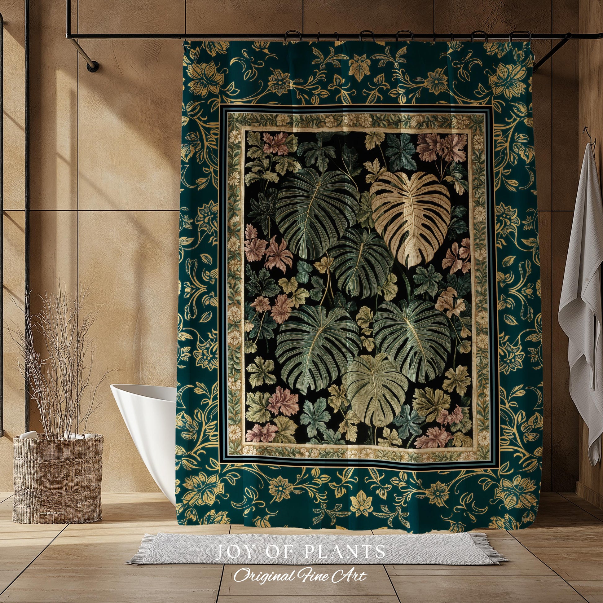 Botanical Cozy Shower Curtain Maximalist Jungle | Plant Lady Decor Monstera Deliciosa Bathroom Woodland Magical Dark Academia Emerald Style