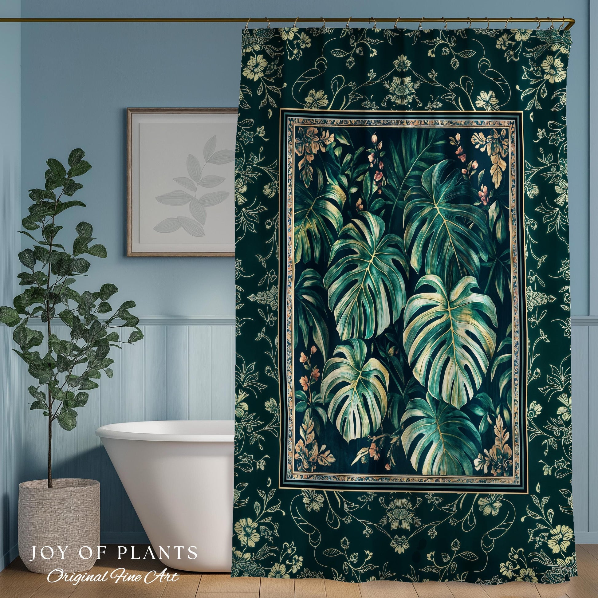 Jungle Inspired Emerald Green Shower Curtain | Monstera Moody Bathroom Trendy Tropigoth Bath Room Accent Botanical Gothic Dark Academia |
