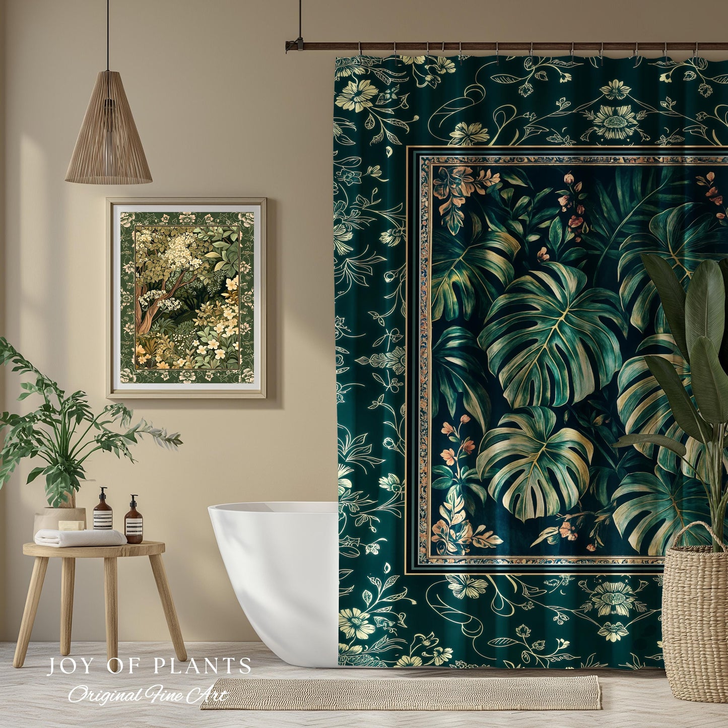 Jungle Inspired Emerald Green Shower Curtain | Monstera Moody Bathroom Trendy Tropigoth Bath Room Accent Botanical Gothic Dark Academia |