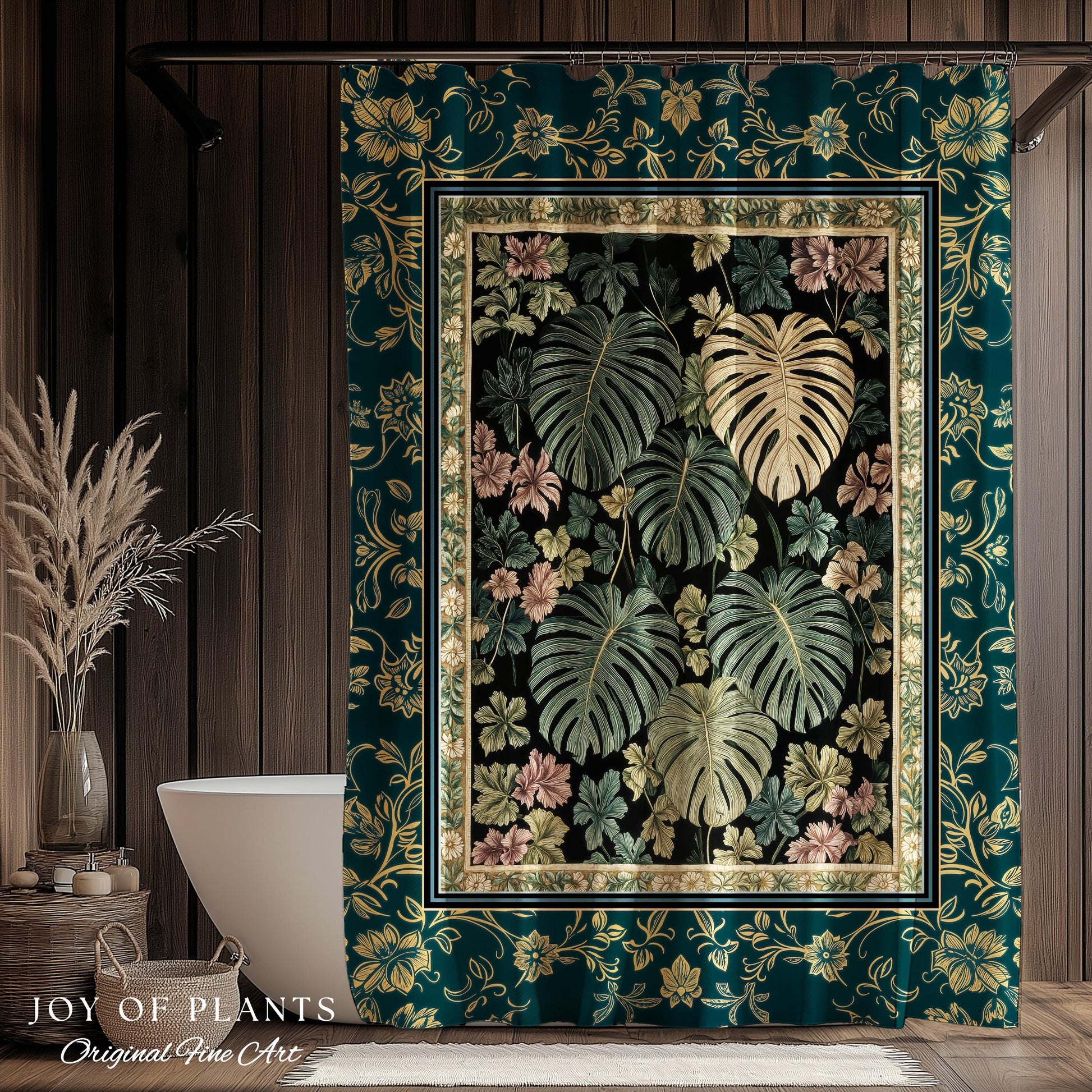 Botanical Cozy Shower Curtain Maximalist Jungle | Plant Lady Decor Monstera Deliciosa Bathroom Woodland Magical Dark Academia Emerald Style