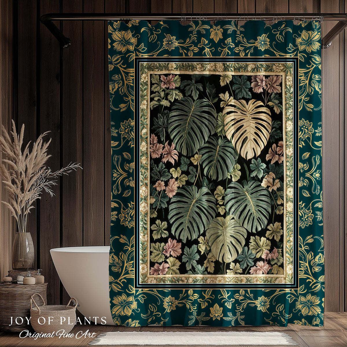 Botanical Cozy Shower Curtain Maximalist Jungle | Plant Lady Decor Monstera Deliciosa Bathroom Woodland Magical Dark Academia Emerald Style